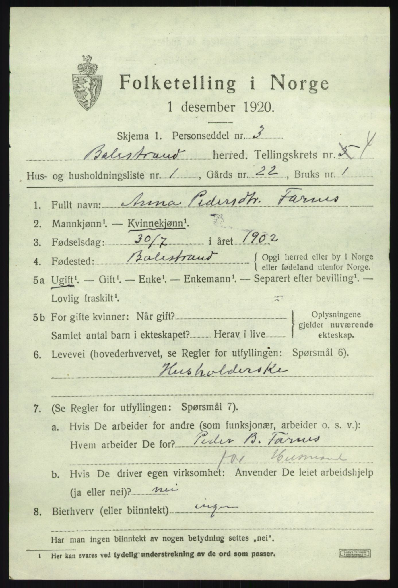 SAB, 1920 census for Balestrand, 1920, p. 2110