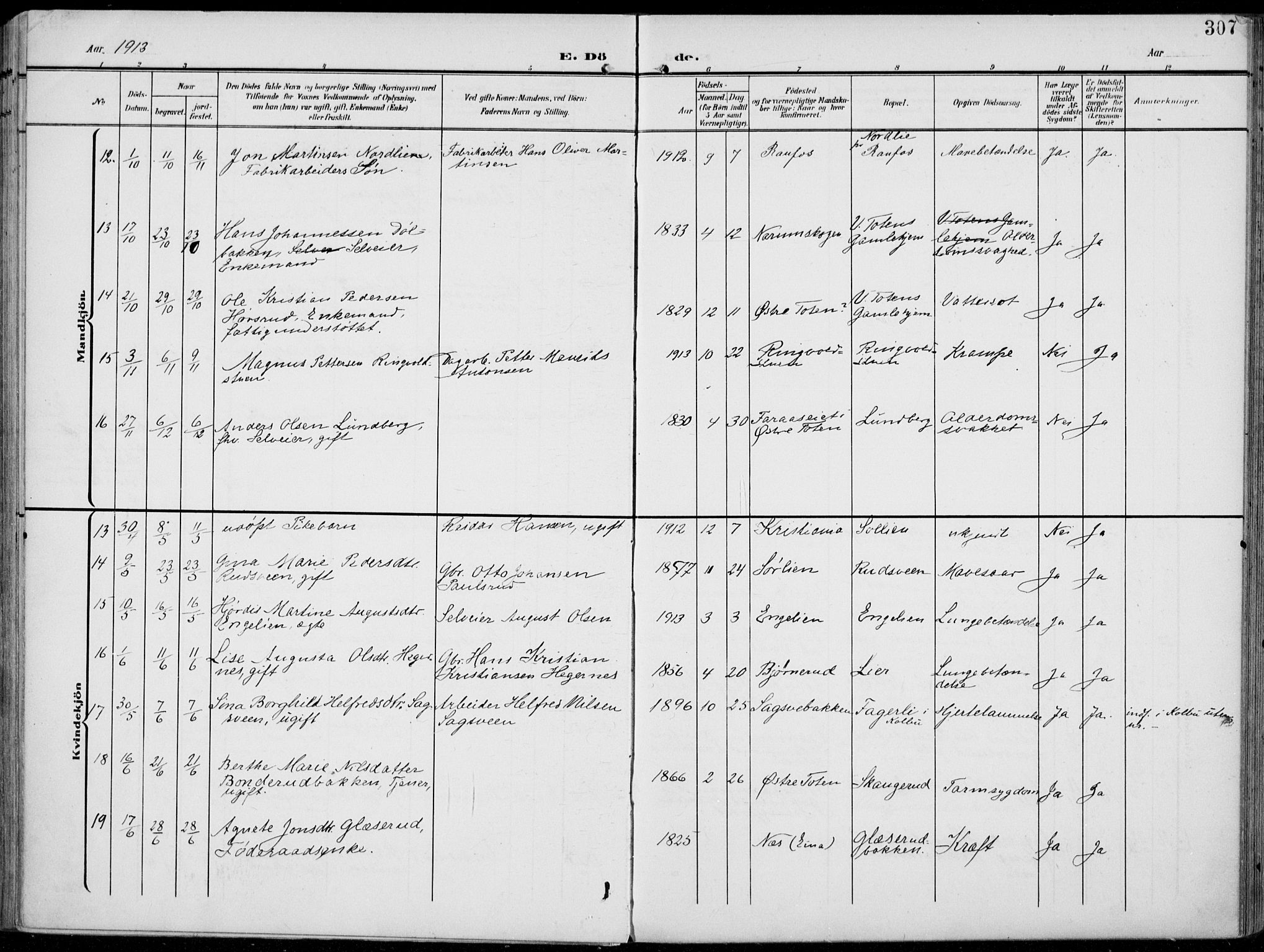 Vestre Toten prestekontor, AV/SAH-PREST-108/H/Ha/Haa/L0014: Parish register (official) no. 14, 1907-1920, p. 307