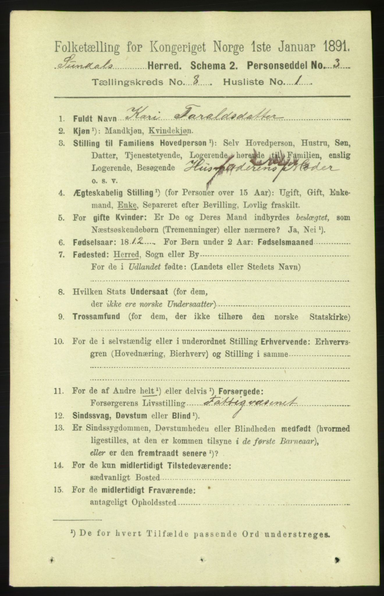 RA, 1891 census for 1563 Sunndal, 1891, p. 2151