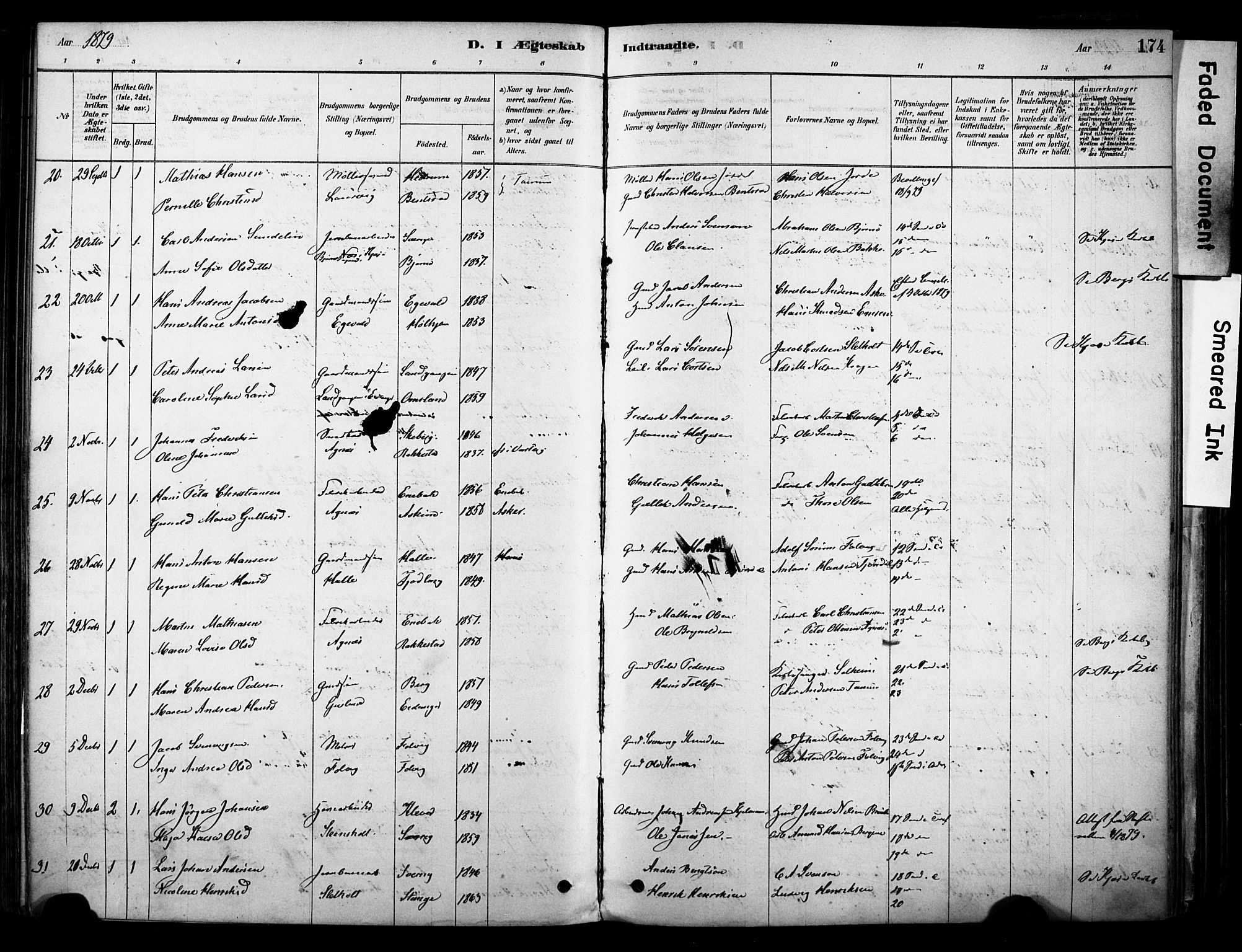 Brunlanes kirkebøker, AV/SAKO-A-342/F/Fc/L0001: Parish register (official) no. III 1, 1878-1899, p. 174