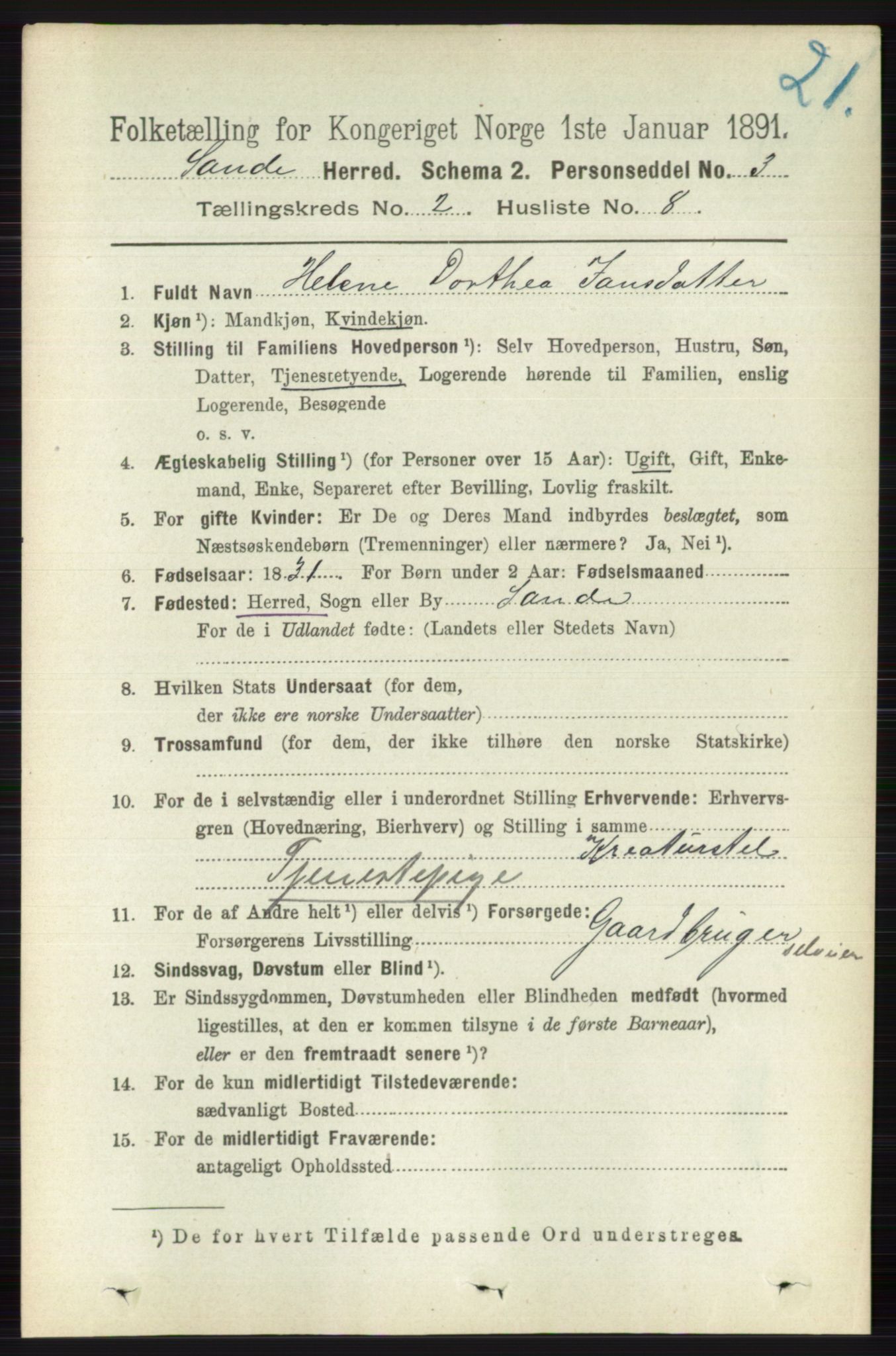 RA, 1891 census for 0713 Sande, 1891, p. 561