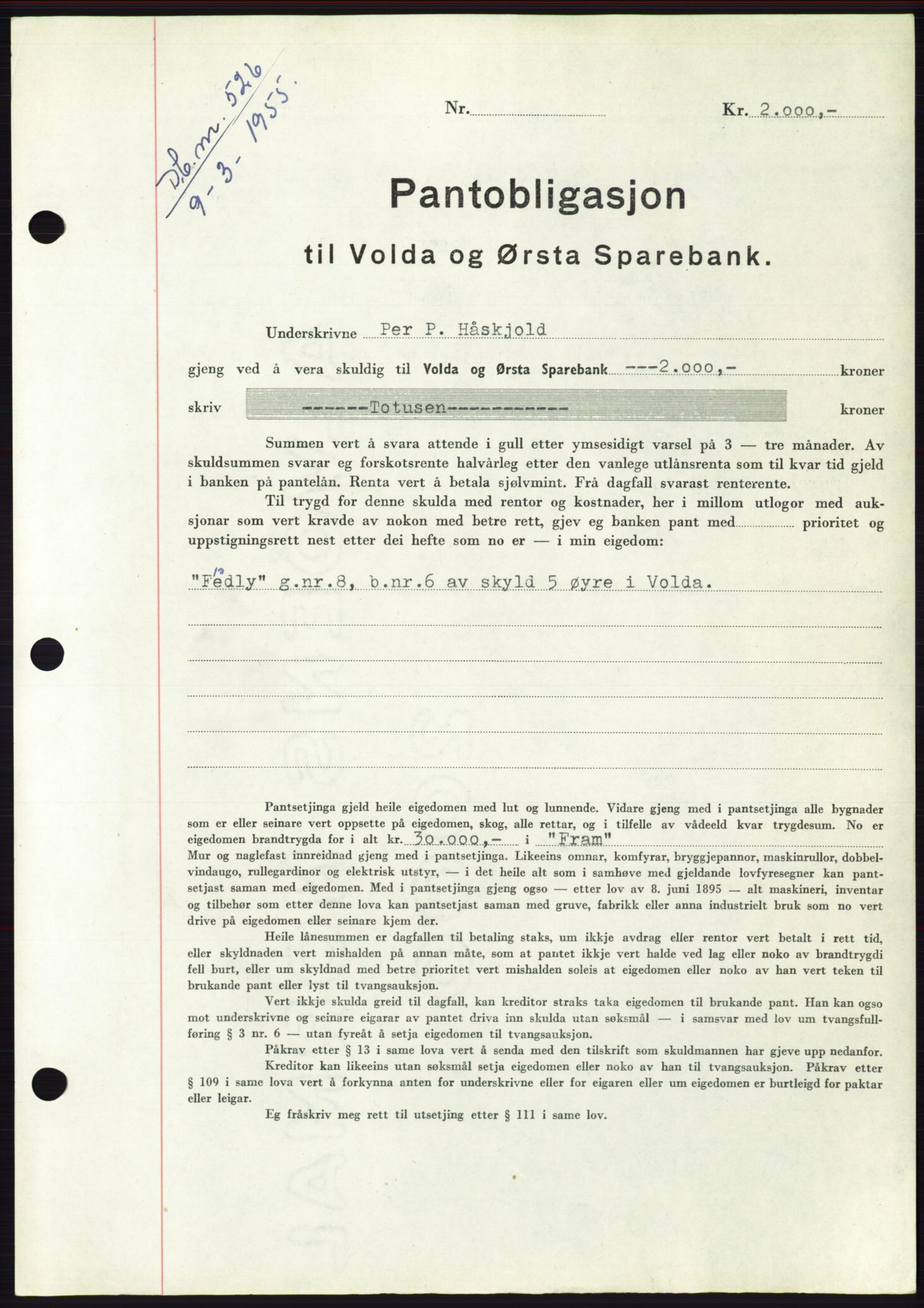 Søre Sunnmøre sorenskriveri, AV/SAT-A-4122/1/2/2C/L0126: Mortgage book no. 14B, 1954-1955, Diary no: : 526/1955