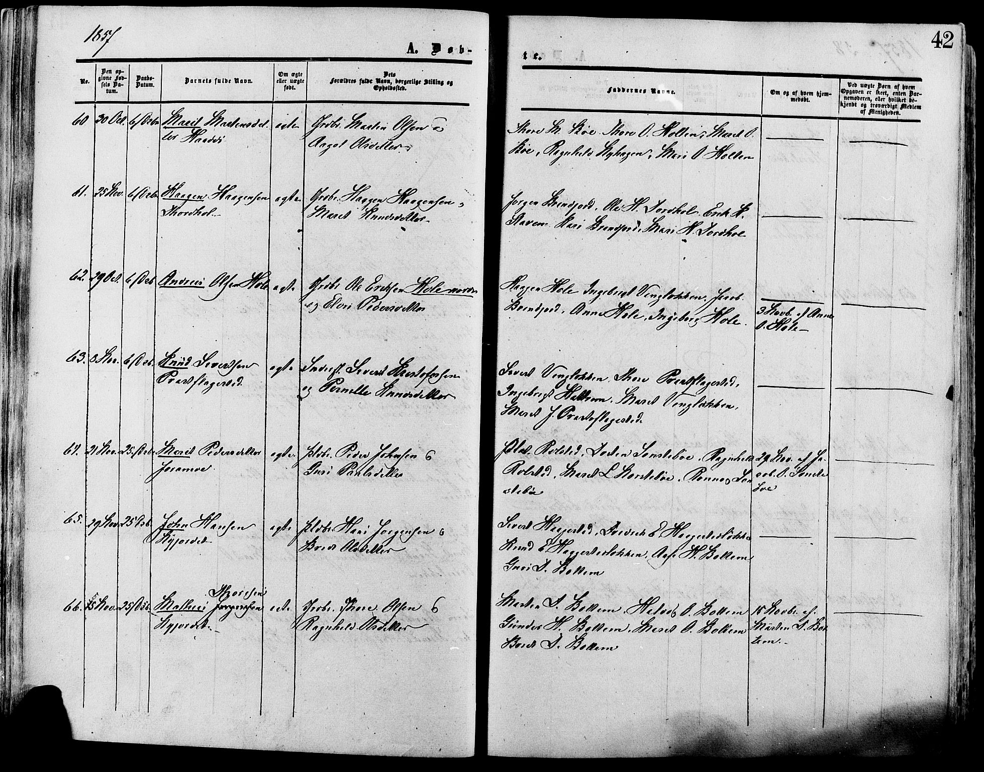 Lesja prestekontor, SAH/PREST-068/H/Ha/Haa/L0008: Parish register (official) no. 8, 1854-1880, p. 42
