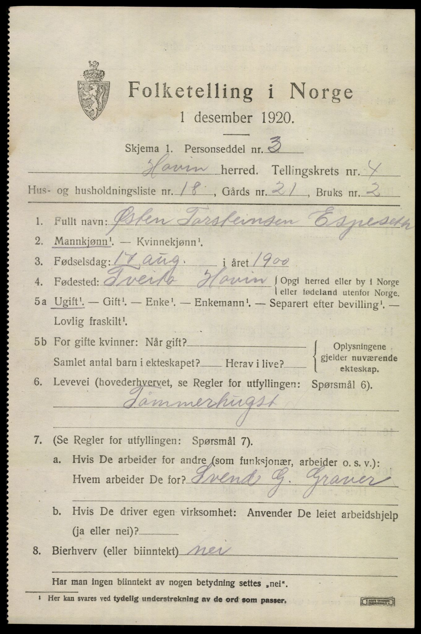 SAKO, 1920 census for Hovin, 1920, p. 1317