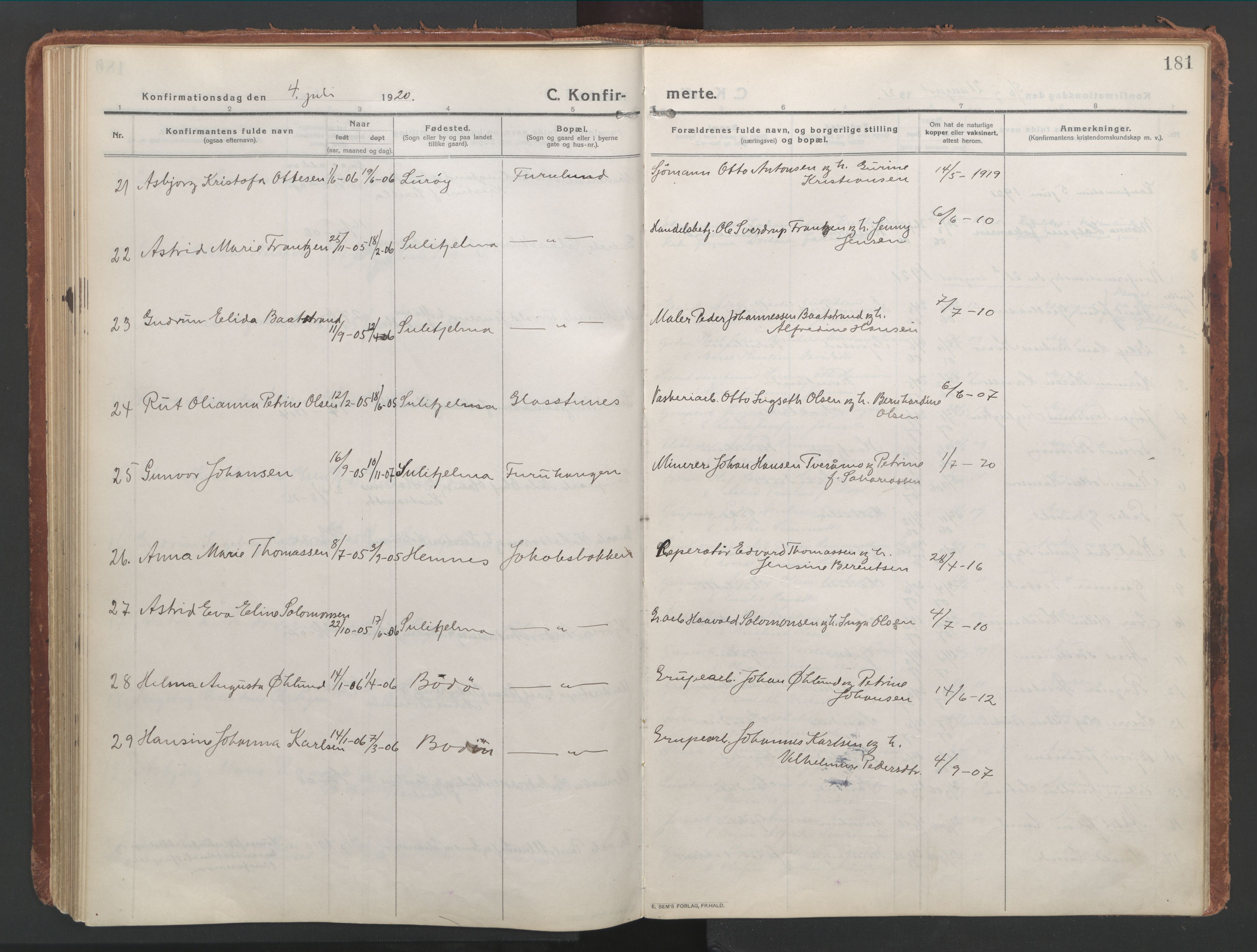 Ministerialprotokoller, klokkerbøker og fødselsregistre - Nordland, AV/SAT-A-1459/850/L0715: Curate's parish register no. 850B05, 1913-1924, p. 181