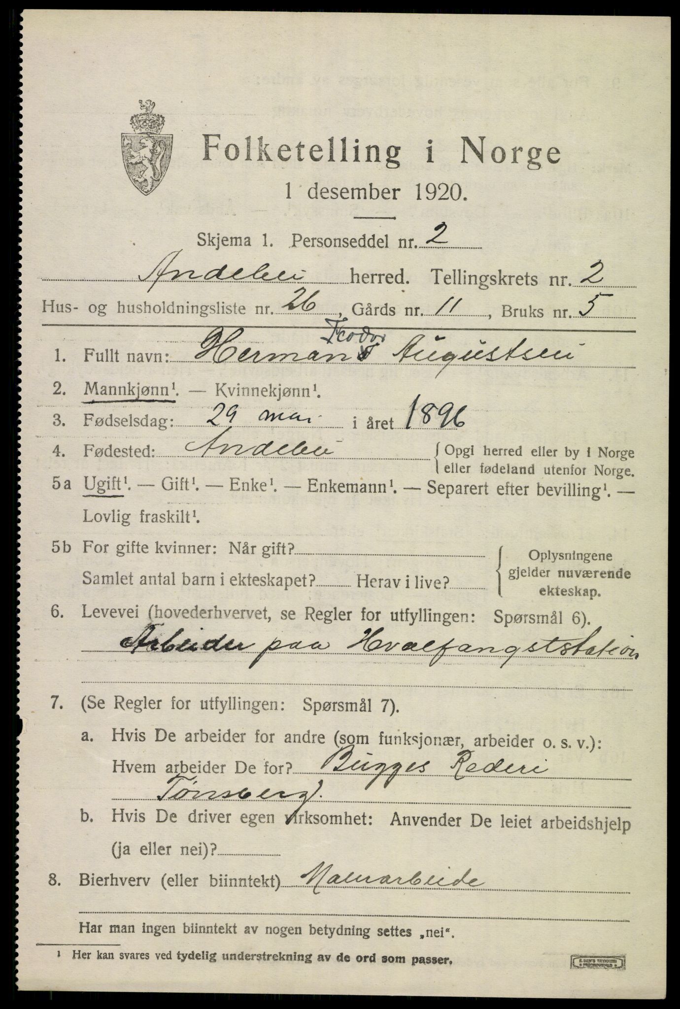 SAKO, 1920 census for Andebu, 1920, p. 1834