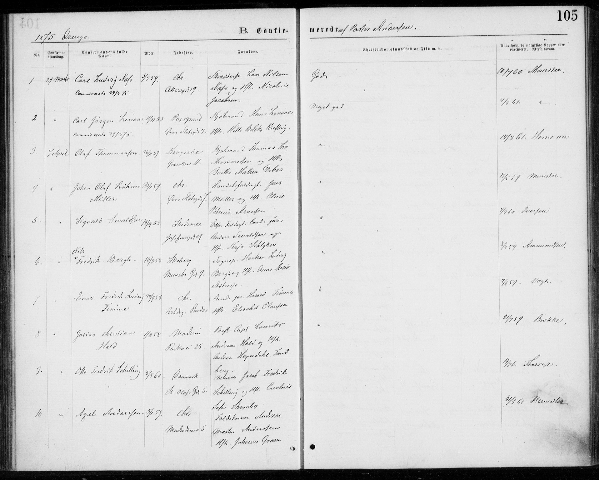 Trefoldighet prestekontor Kirkebøker, SAO/A-10882/F/Fb/L0002: Parish register (official) no. II 2, 1871-1880, p. 105