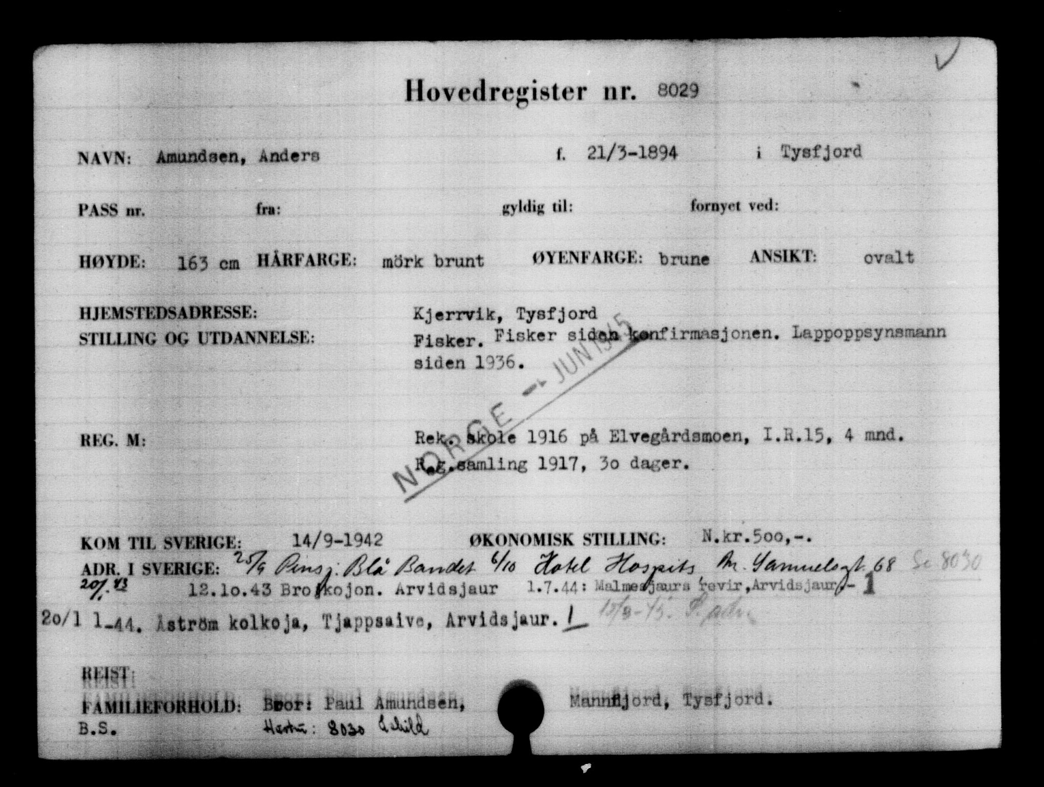 Utenriksstasjonene, Legasjonen i Stockholm, Flyktningkontoret, AV/RA-S-6753/V/Va/L0005: Kjesäterkartoteket, flyktninger med registreringsnr. 6600-9417, 1940-1945, p. 1674