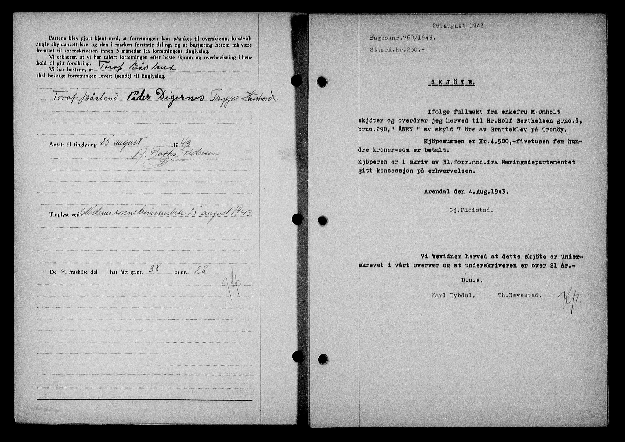 Nedenes sorenskriveri, SAK/1221-0006/G/Gb/Gba/L0051: Mortgage book no. A-V, 1943-1944, Diary no: : 769/1943