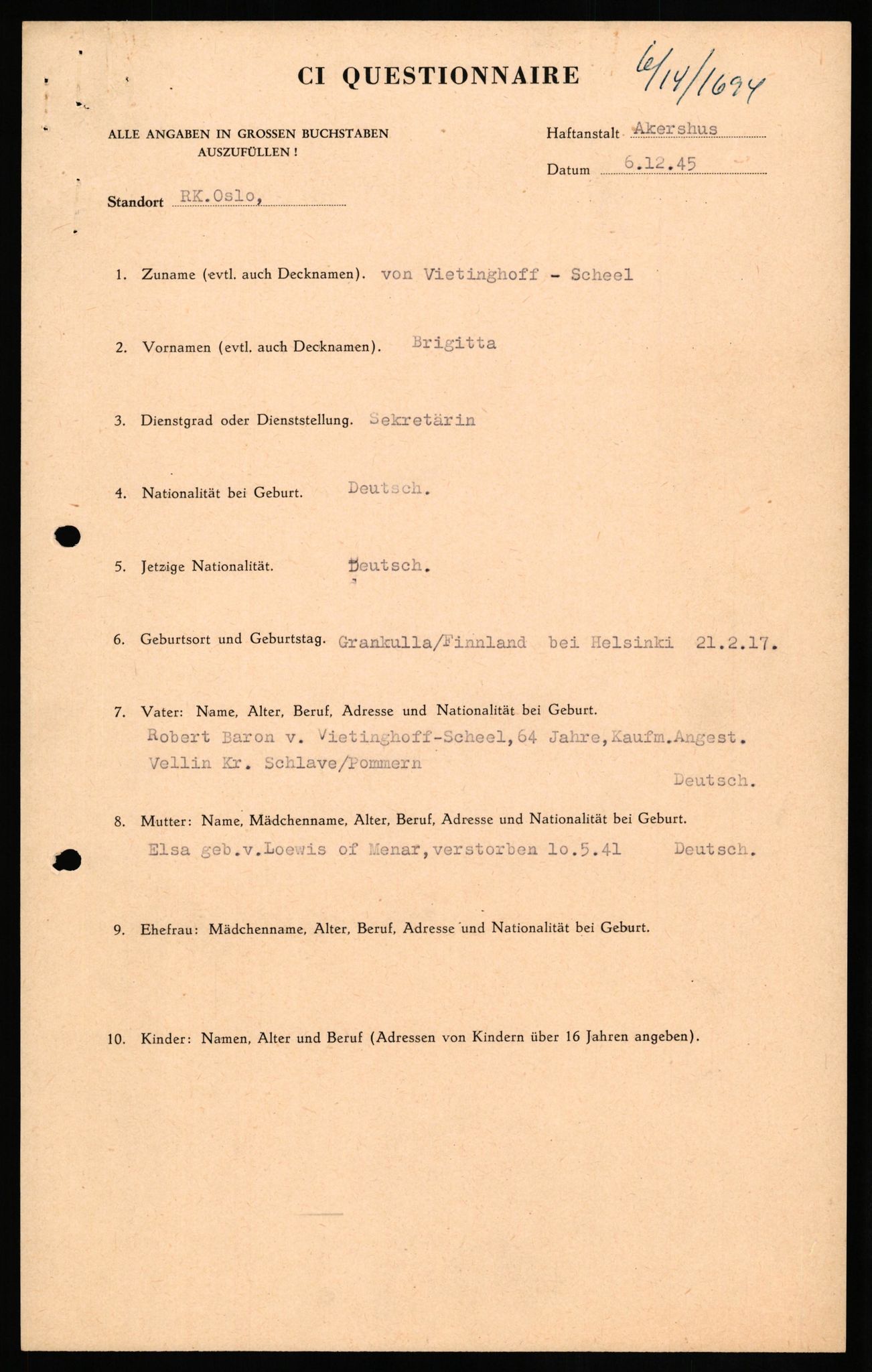 Forsvaret, Forsvarets overkommando II, AV/RA-RAFA-3915/D/Db/L0034: CI Questionaires. Tyske okkupasjonsstyrker i Norge. Tyskere., 1945-1946, p. 279