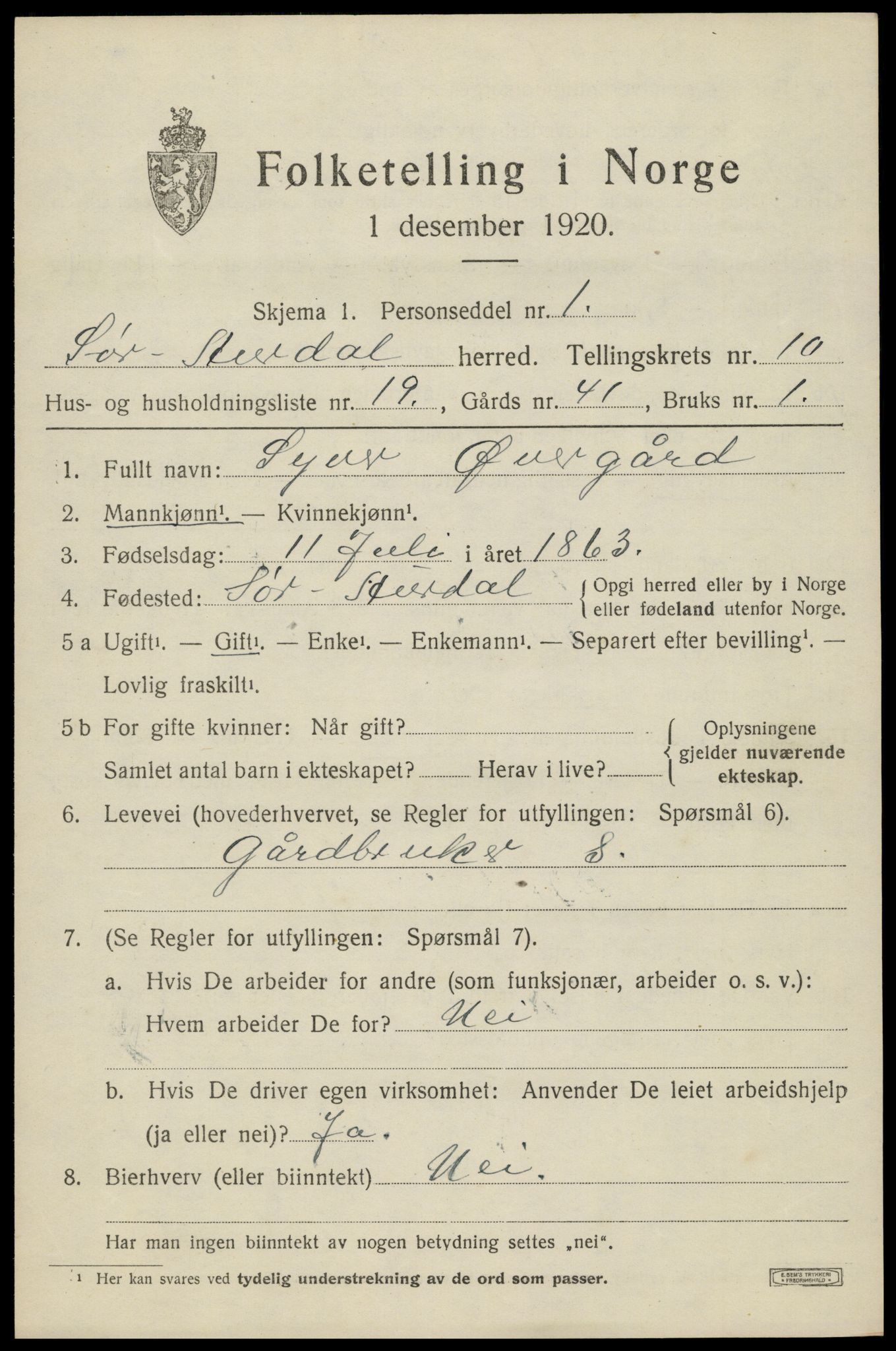 SAH, 1920 census for Sør-Aurdal, 1920, p. 5911