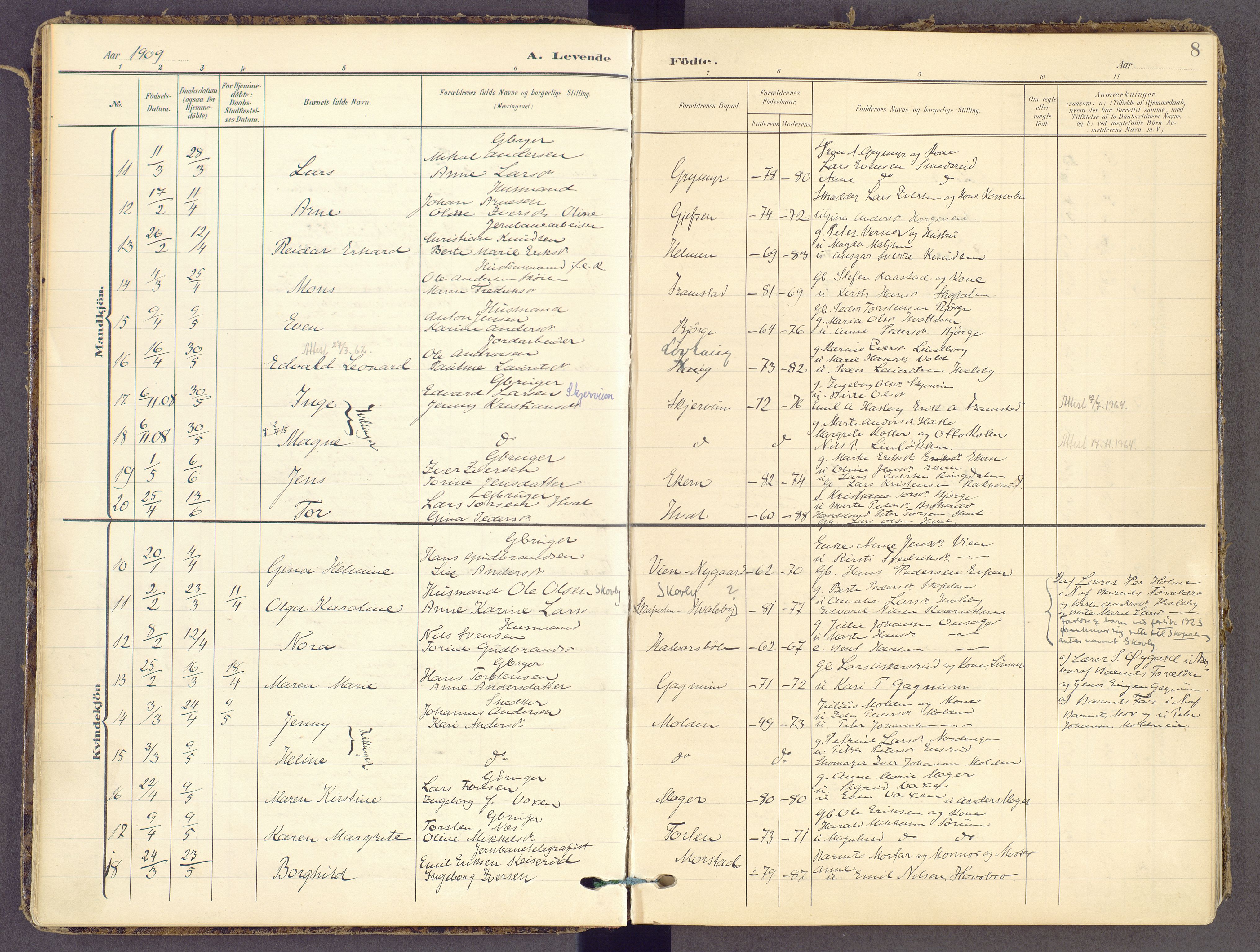 Gran prestekontor, SAH/PREST-112/H/Ha/Haa/L0021: Parish register (official) no. 21, 1908-1932, p. 8