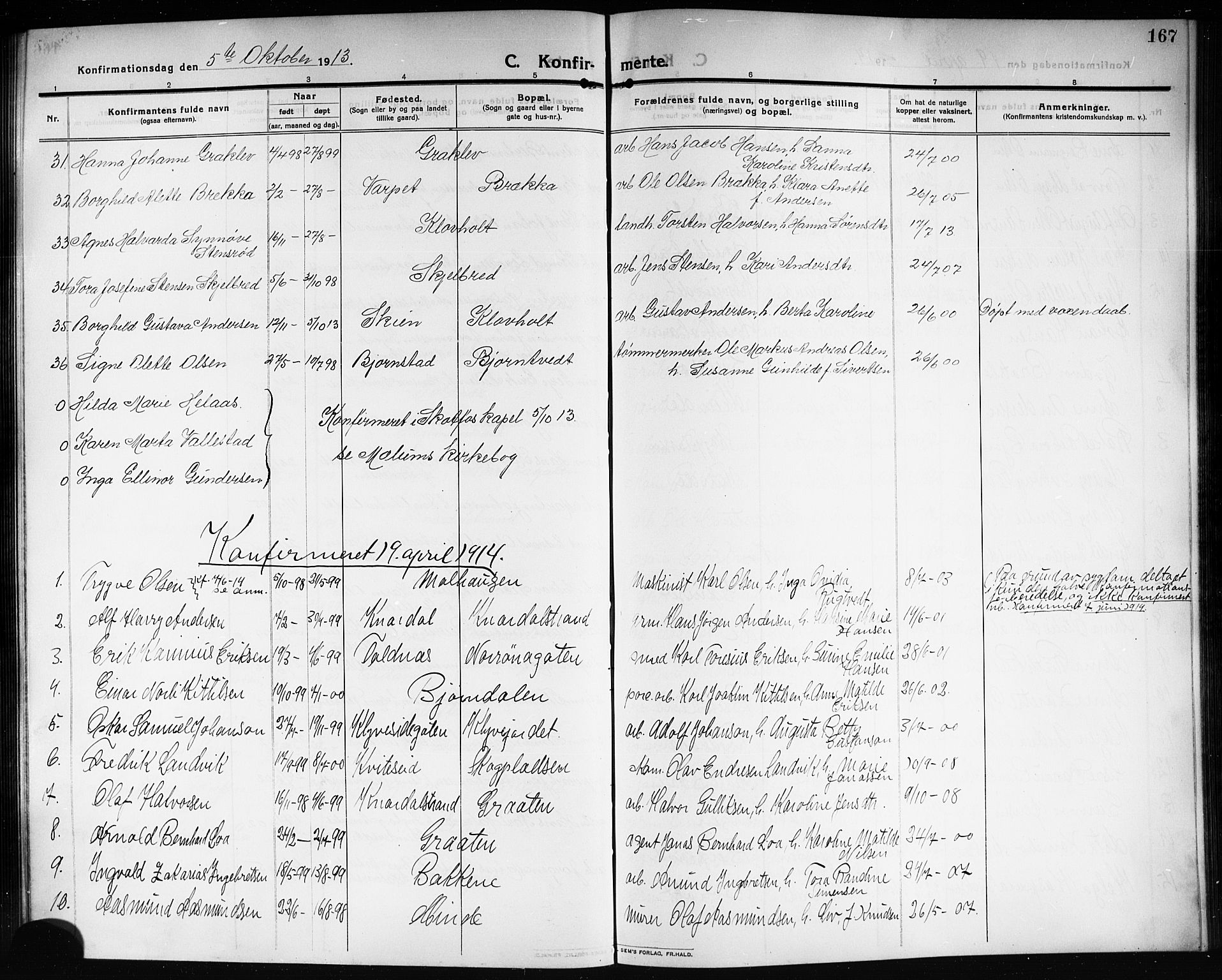 Solum kirkebøker, SAKO/A-306/G/Ga/L0009: Parish register (copy) no. I 9, 1909-1922, p. 167