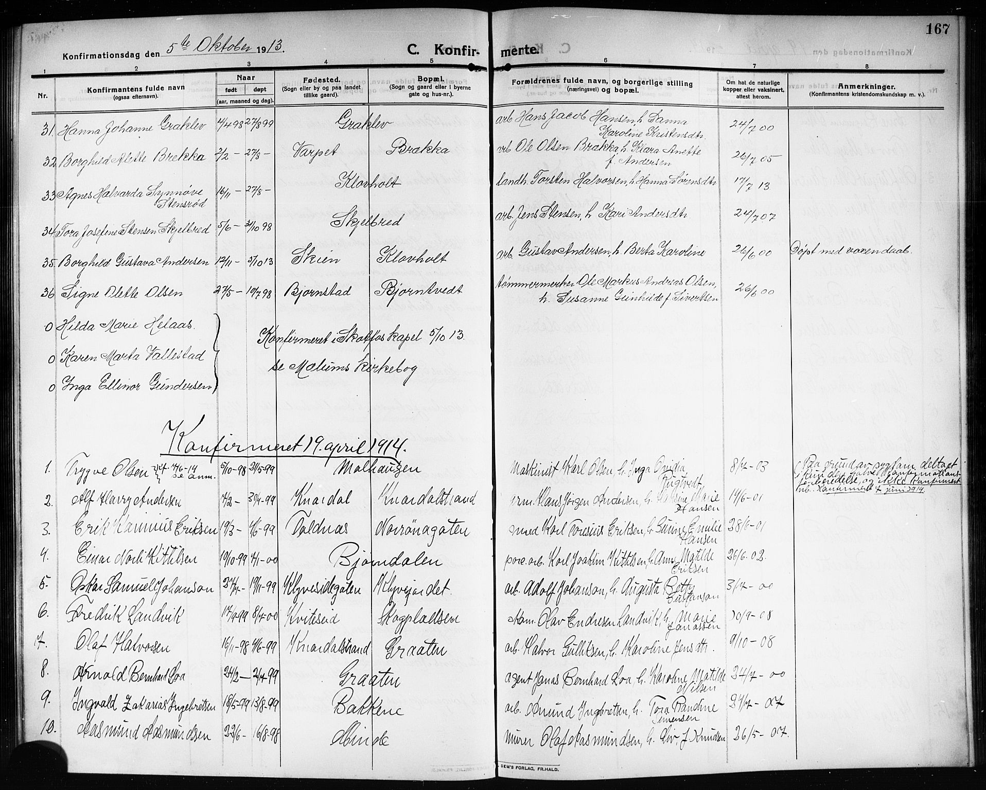Solum kirkebøker, AV/SAKO-A-306/G/Ga/L0009: Parish register (copy) no. I 9, 1909-1922, p. 167