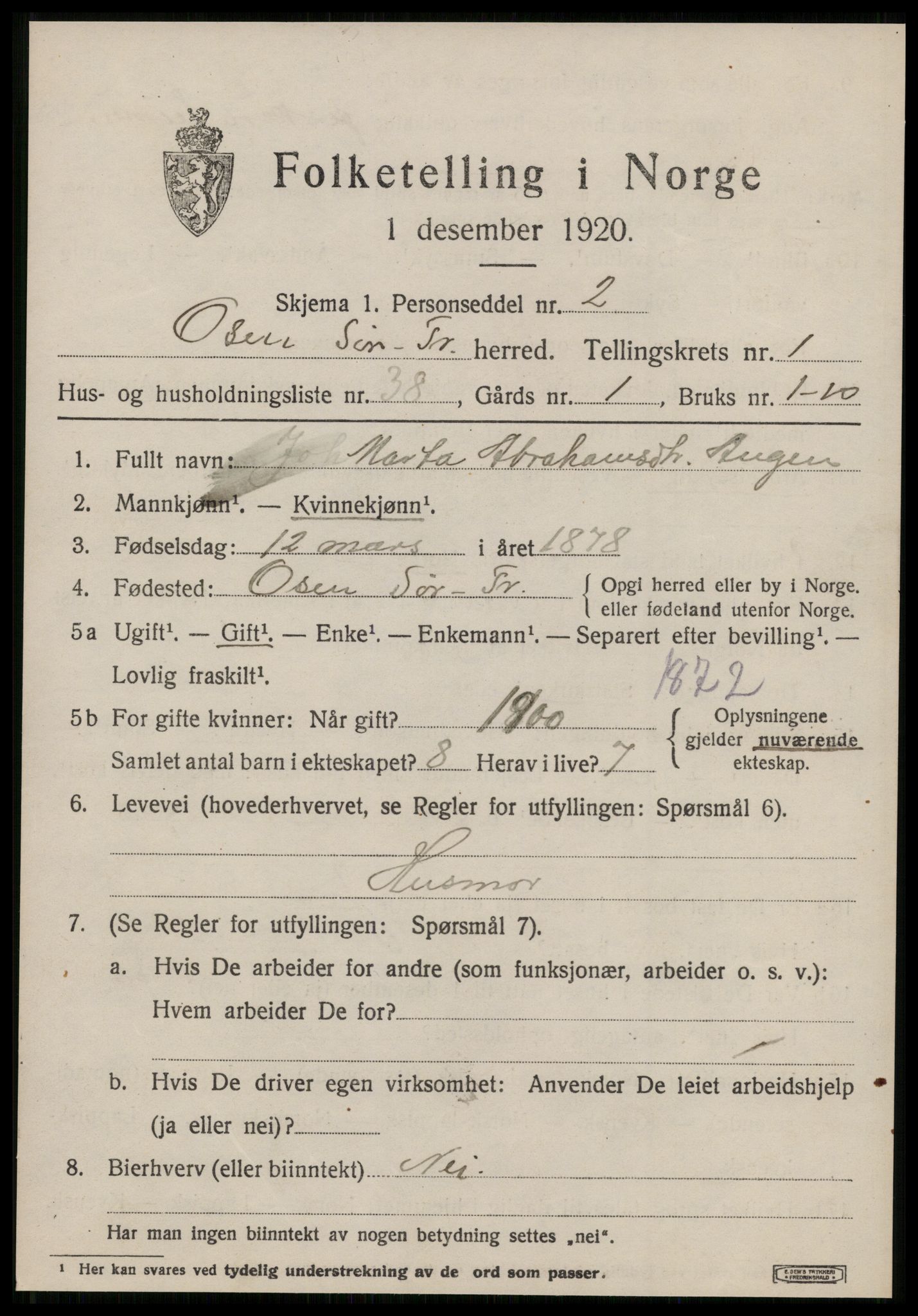 SAT, 1920 census for Osen, 1920, p. 1149