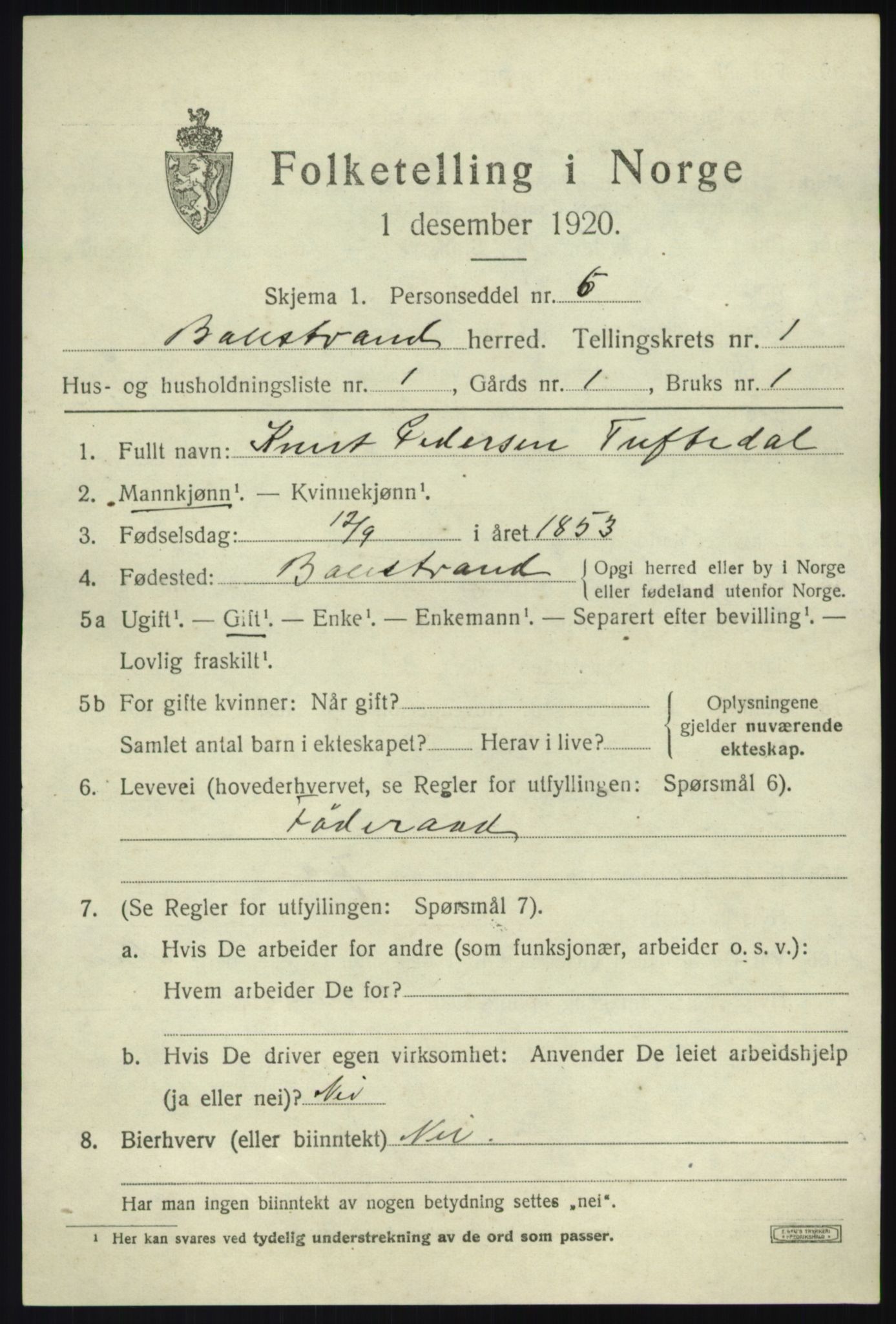 SAB, 1920 census for Balestrand, 1920, p. 794