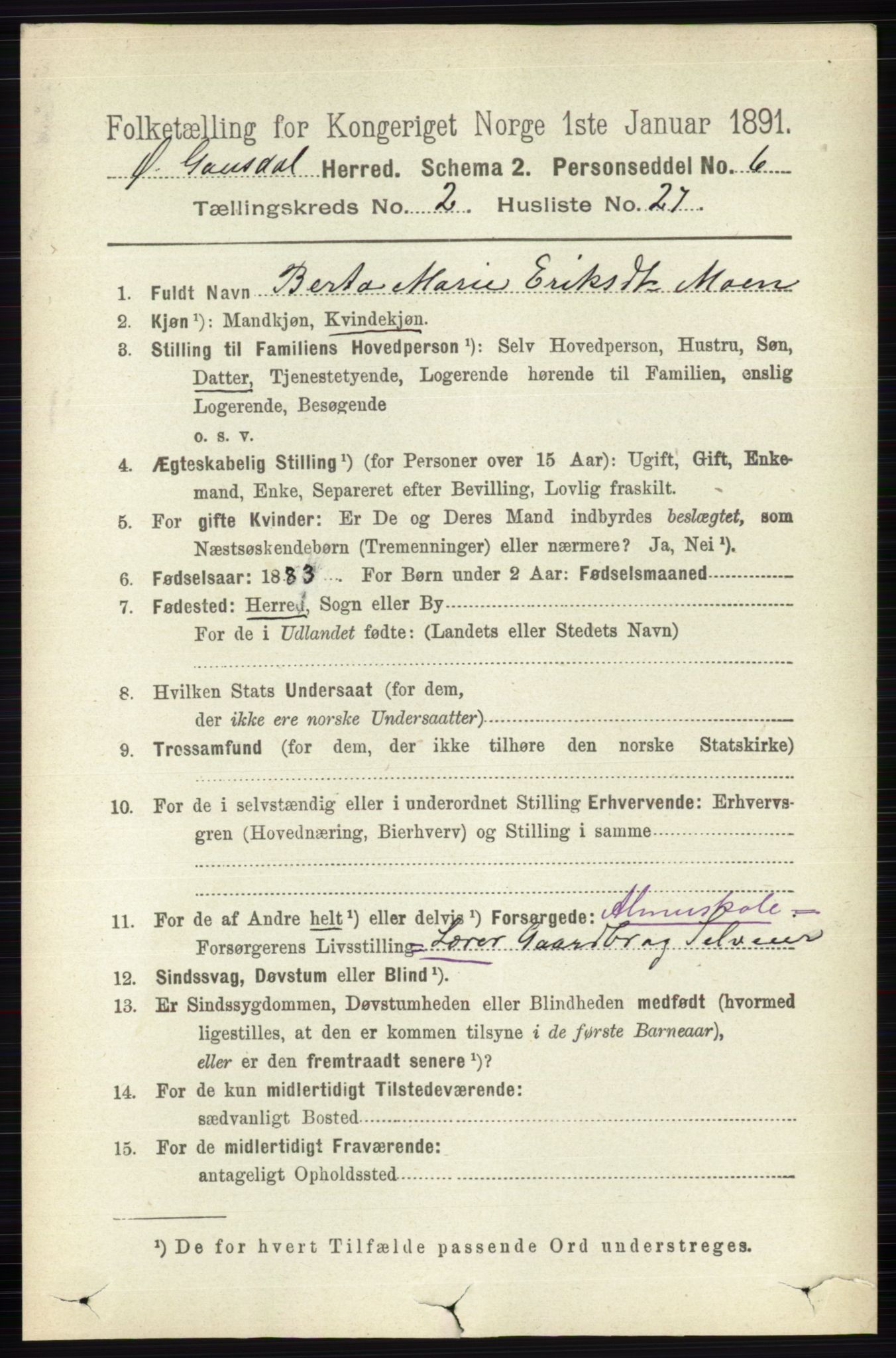 RA, 1891 census for 0522 Østre Gausdal, 1891, p. 1385