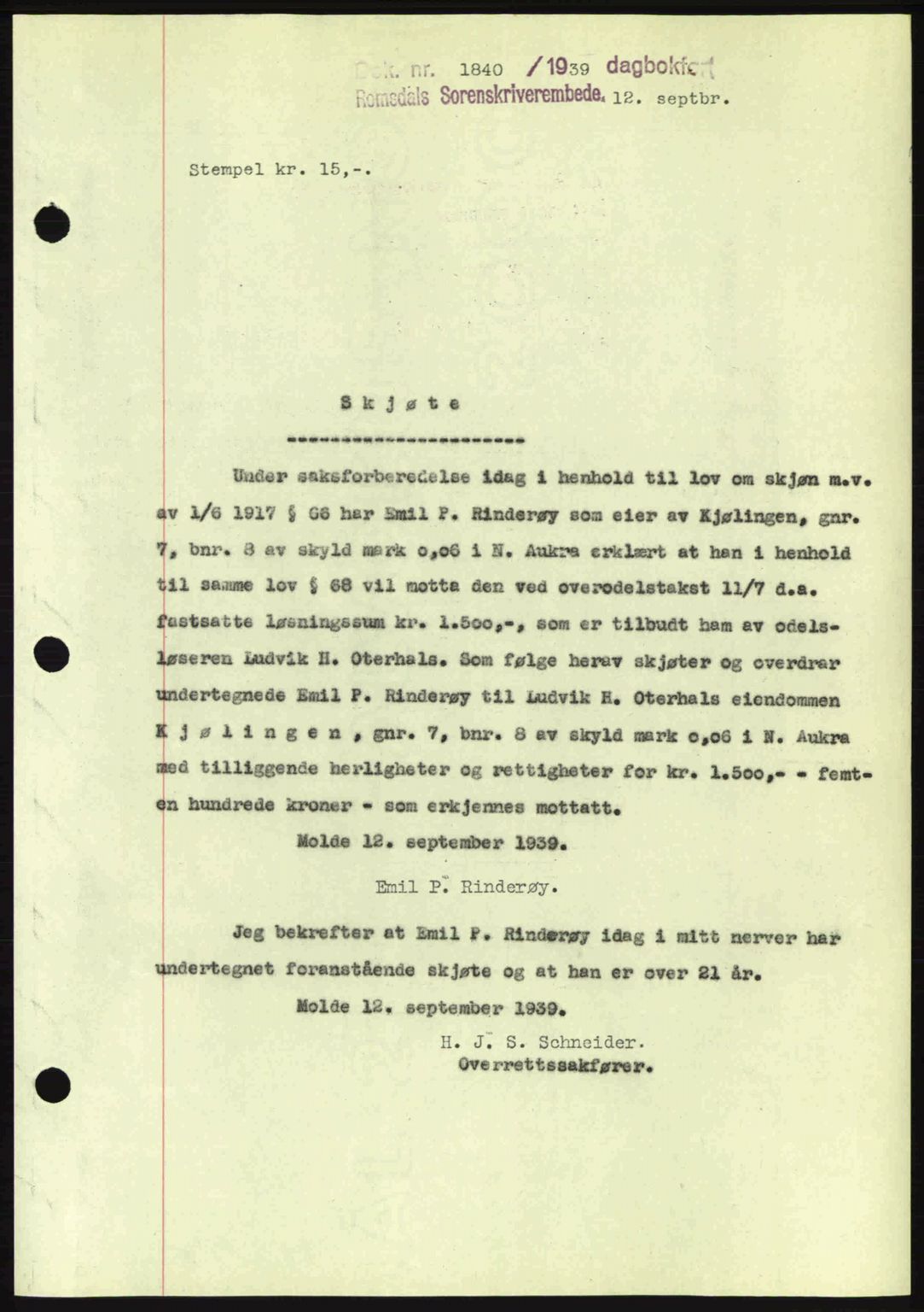 Romsdal sorenskriveri, AV/SAT-A-4149/1/2/2C: Mortgage book no. A7, 1939-1939, Diary no: : 1840/1939