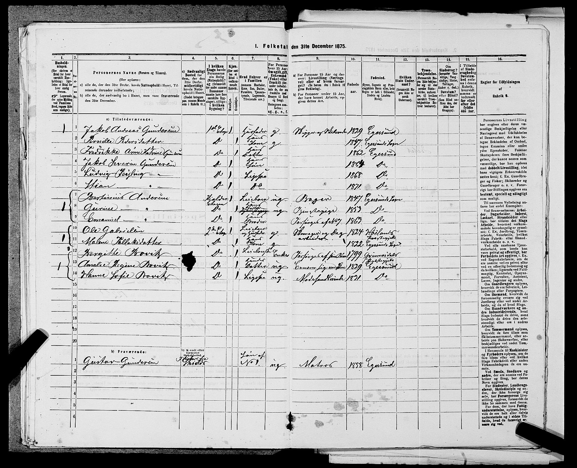 SAST, 1875 census for 1101B Eigersund parish, Egersund town, 1875, p. 188