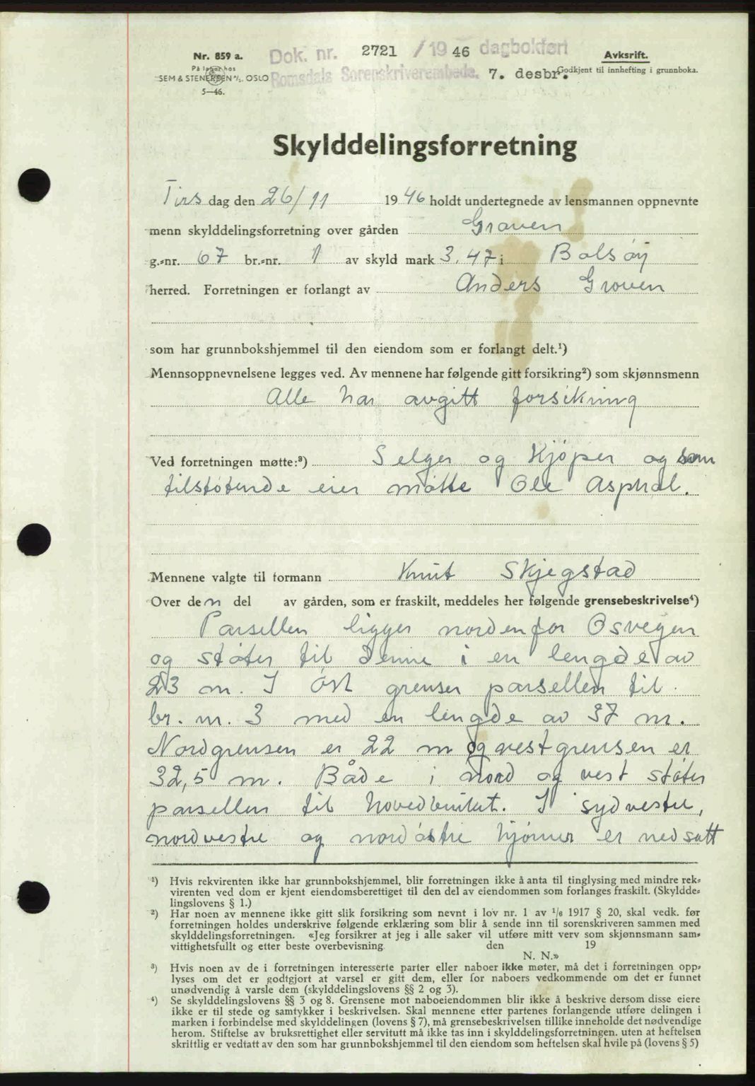 Romsdal sorenskriveri, AV/SAT-A-4149/1/2/2C: Mortgage book no. A21, 1946-1946, Diary no: : 2721/1946