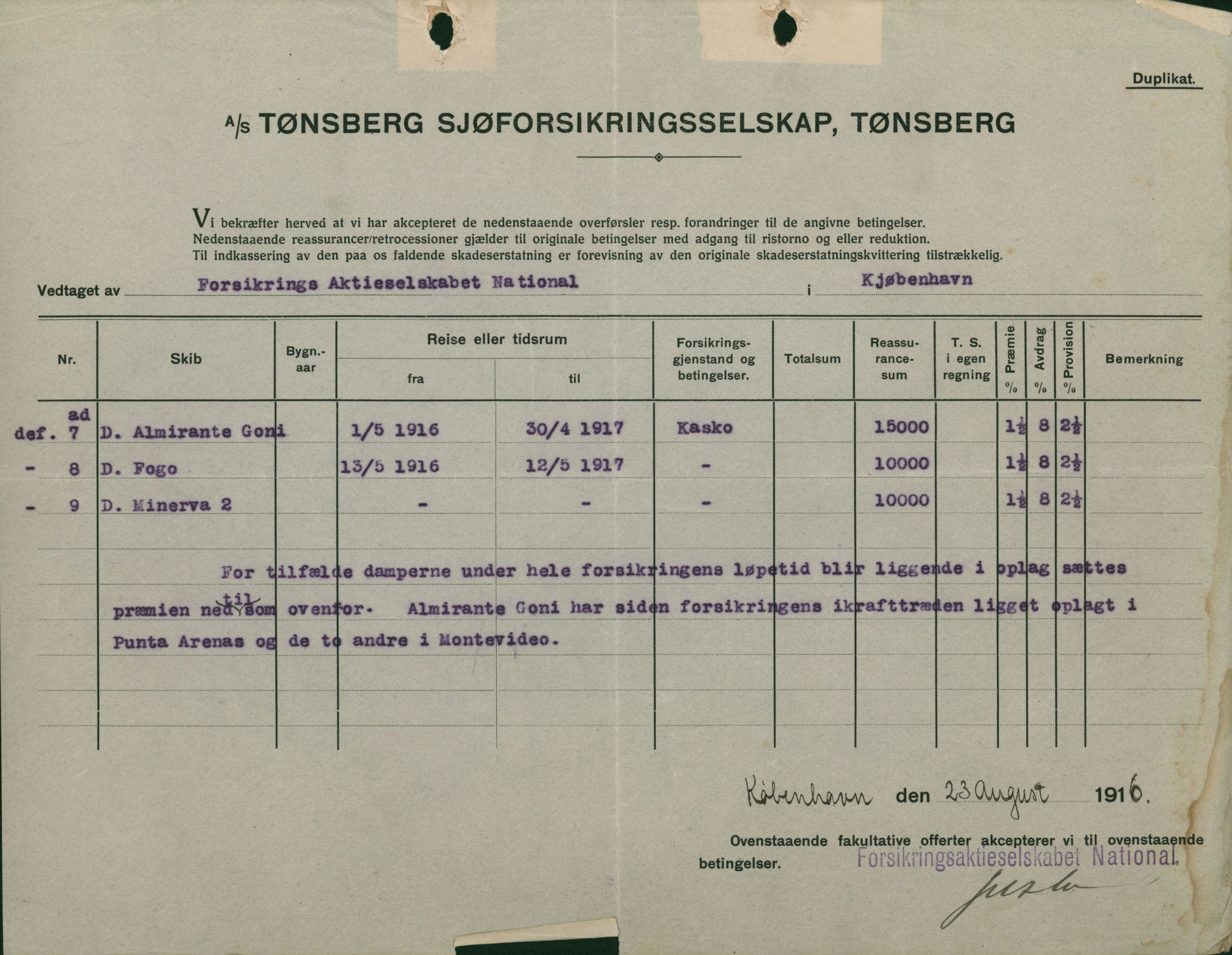 Pa 664 - Tønsberg Sjøforsikringsselskap, VEMU/A-1773/F/L0001: Forsikringspoliser, 1915-1918