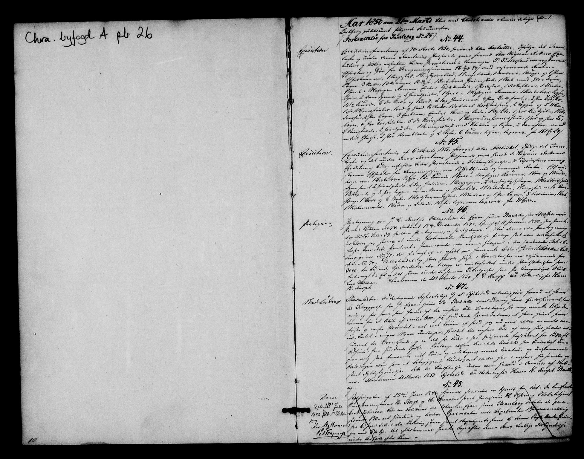 Christiania byfogd, AV/SAO-A-11543/G/Gb/Gba/L0026: Mortgage book no. 26, 1850-1851, p. 1