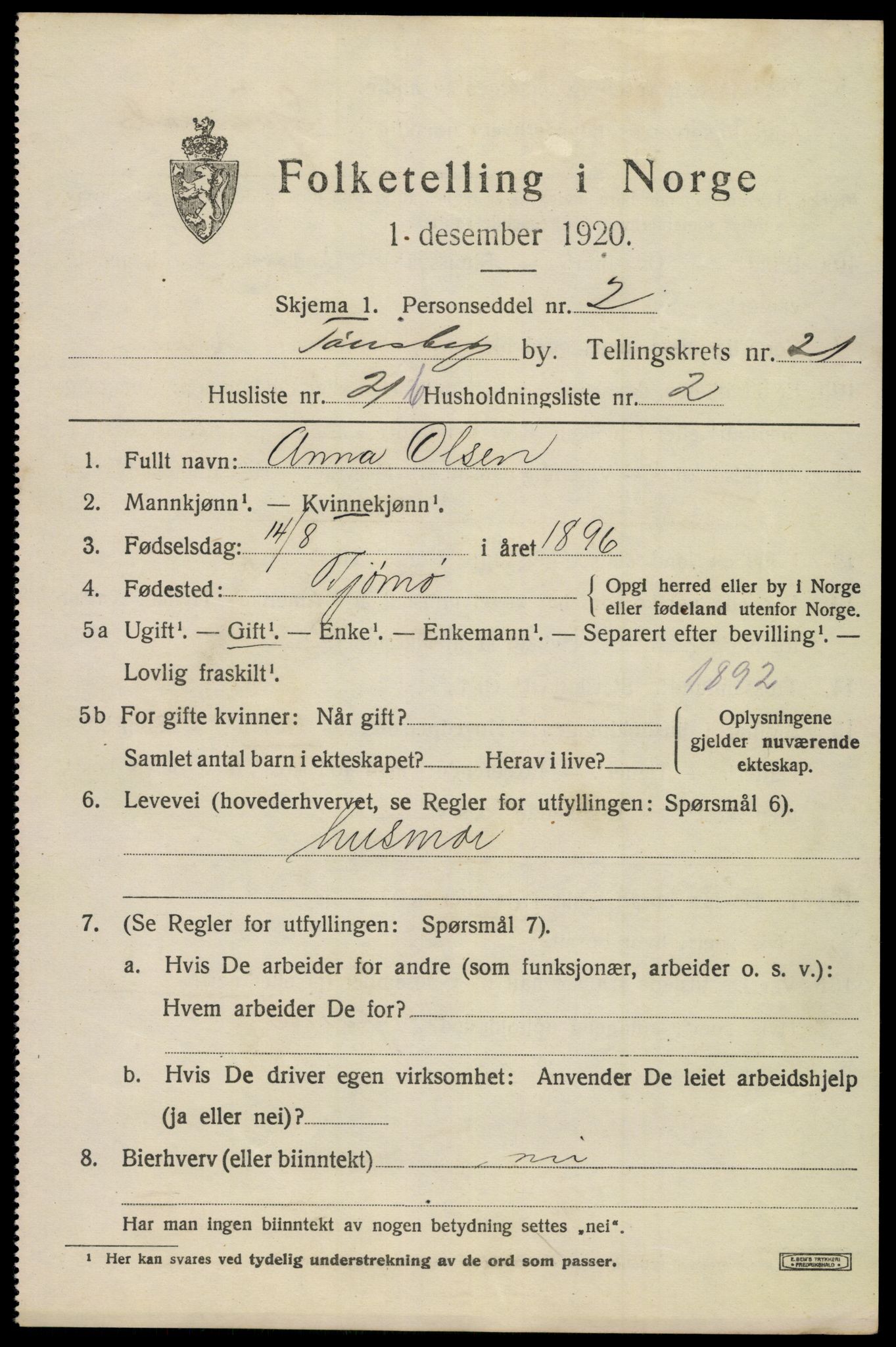 SAKO, 1920 census for Tønsberg, 1920, p. 30793