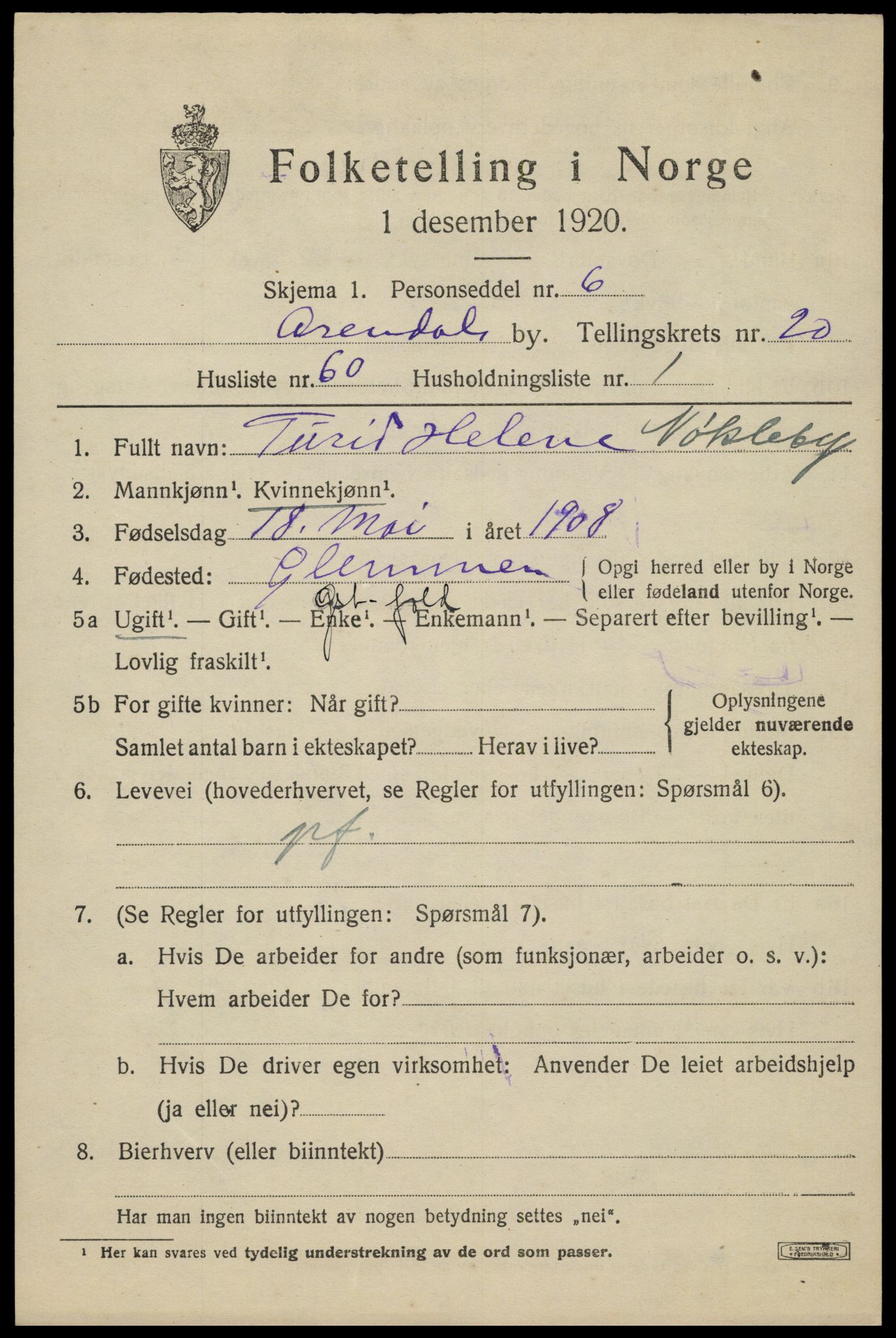 SAK, 1920 census for Arendal, 1920, p. 27502