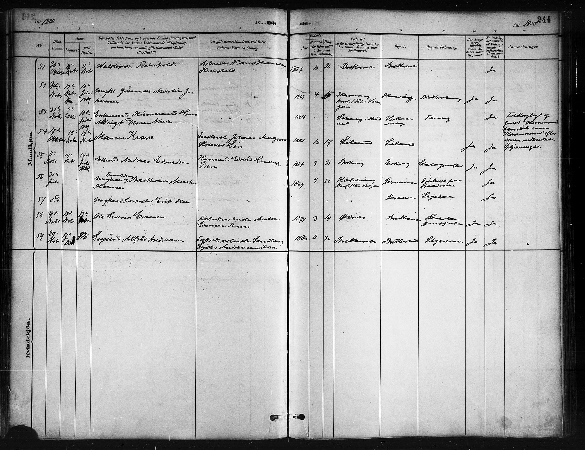 Ministerialprotokoller, klokkerbøker og fødselsregistre - Nordland, AV/SAT-A-1459/874/L1059: Parish register (official) no. 874A03, 1884-1890, p. 244