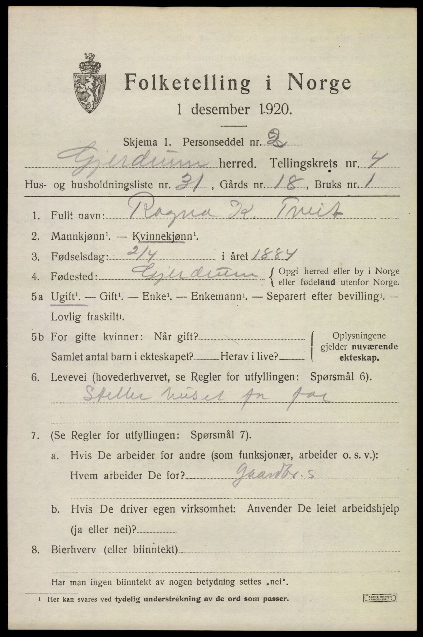 SAO, 1920 census for Gjerdrum, 1920, p. 3632