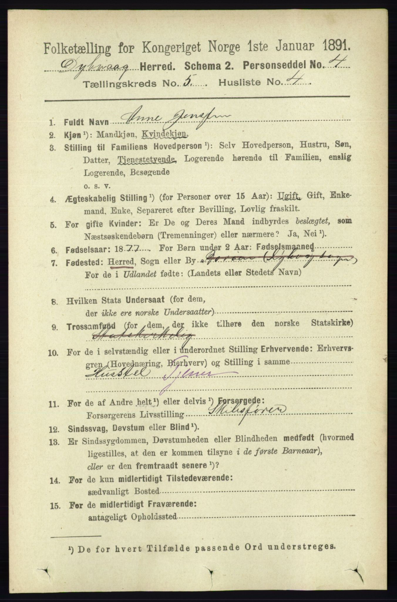 RA, 1891 census for 0915 Dypvåg, 1891, p. 1390