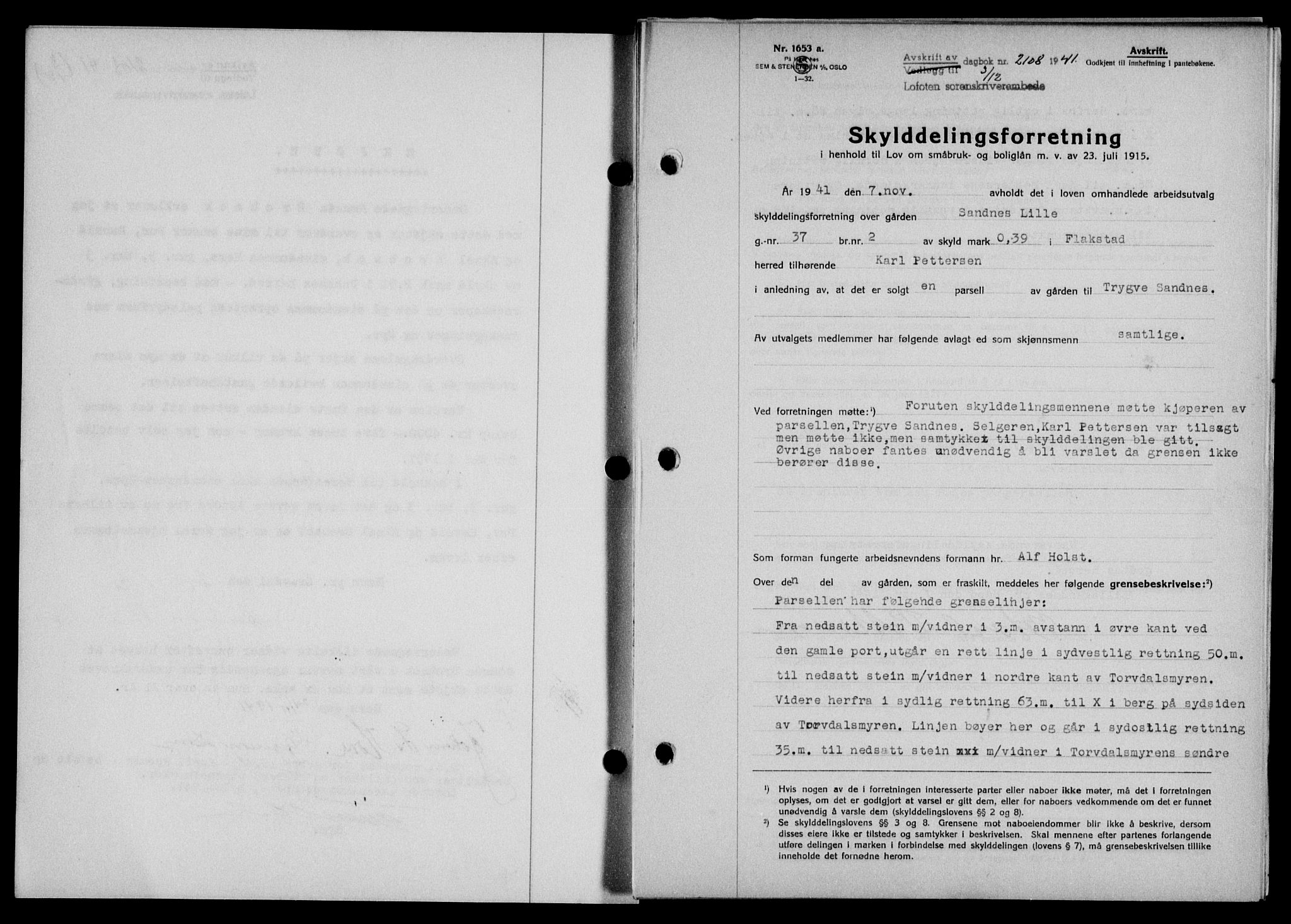 Lofoten sorenskriveri, SAT/A-0017/1/2/2C/L0009a: Mortgage book no. 9a, 1941-1942, Diary no: : 2108/1941