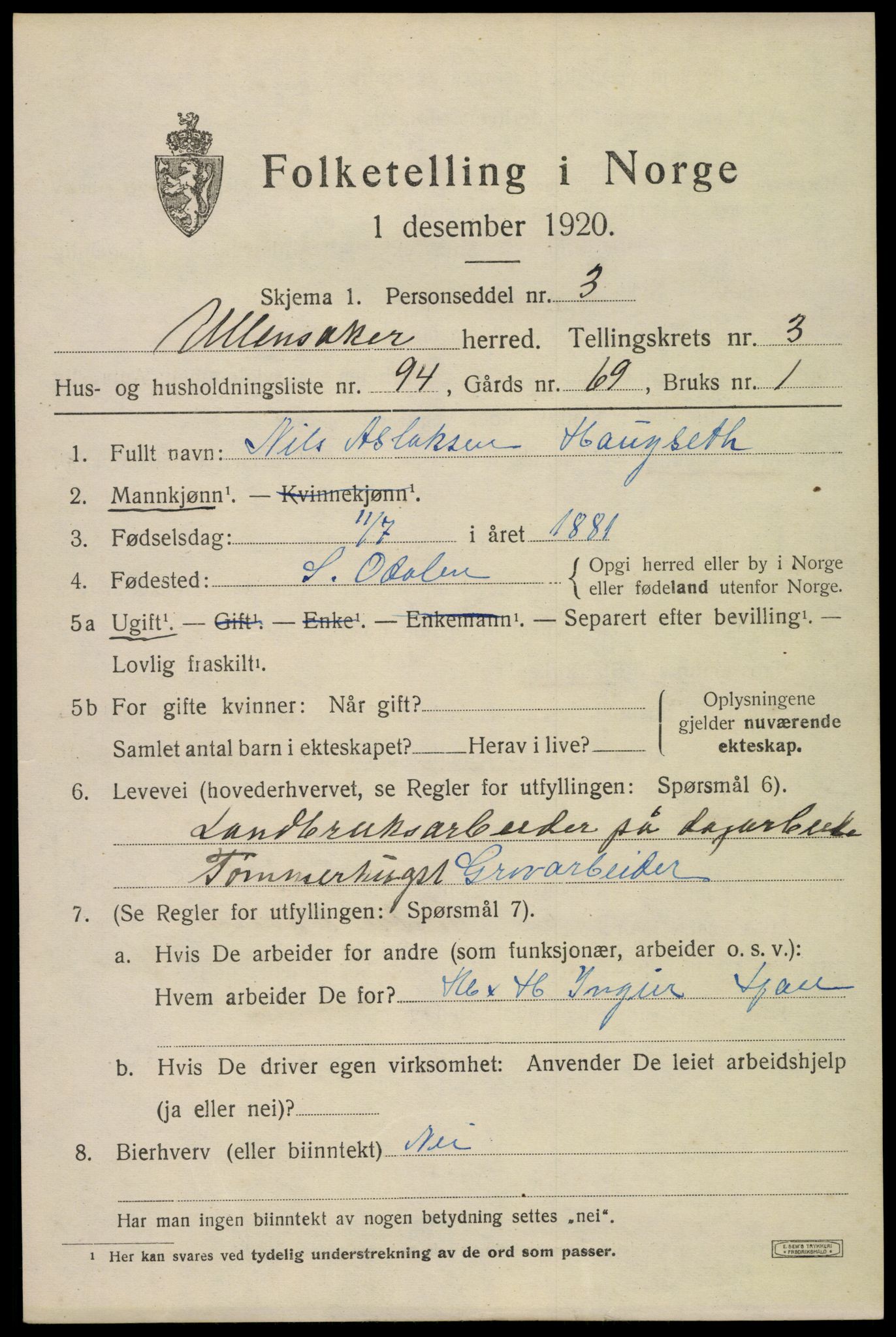 SAO, 1920 census for Ullensaker, 1920, p. 7237