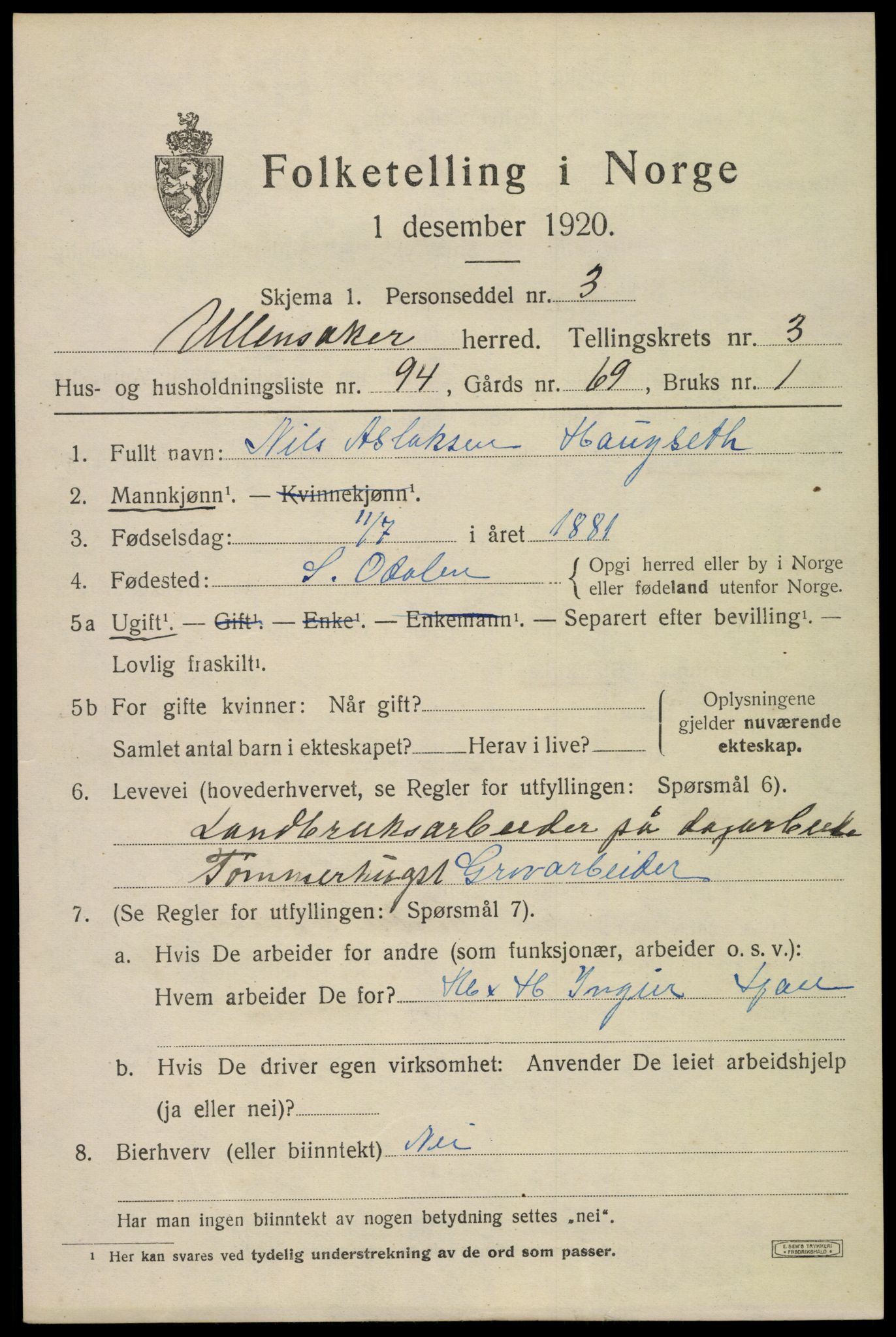 SAO, 1920 census for Ullensaker, 1920, p. 7237