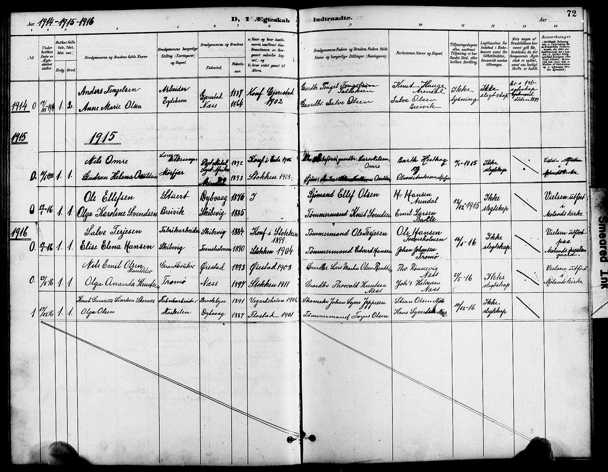 Austre Moland sokneprestkontor, SAK/1111-0001/F/Fb/Fbb/L0002: Parish register (copy) no. B 2, 1894-1918, p. 72