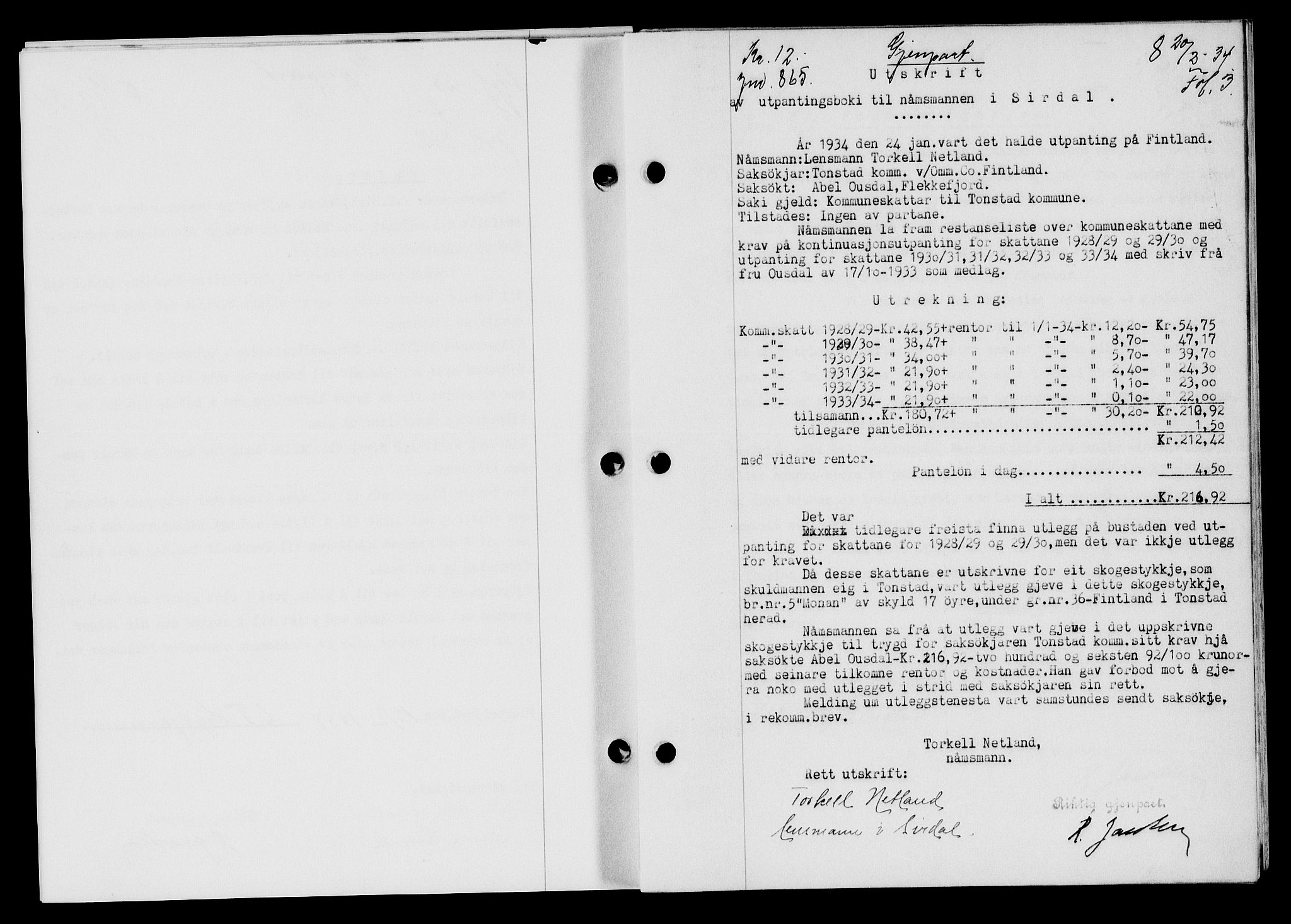Flekkefjord sorenskriveri, SAK/1221-0001/G/Gb/Gba/L0049: Mortgage book no. 46, 1933-1934, Deed date: 20.02.1934