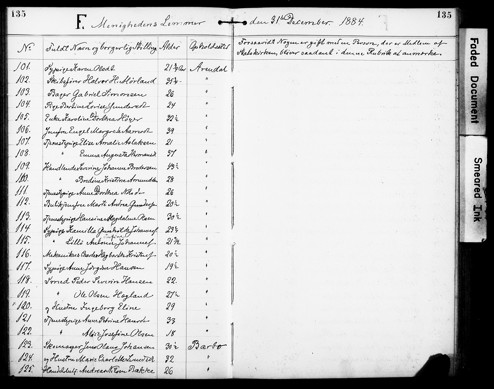 Den evangelisk-lutherske frimenighet, Arendal, AV/SAK-1292-0005/F/Fa/L0002: Dissenter register no. F 6, 1884-1908, p. 135