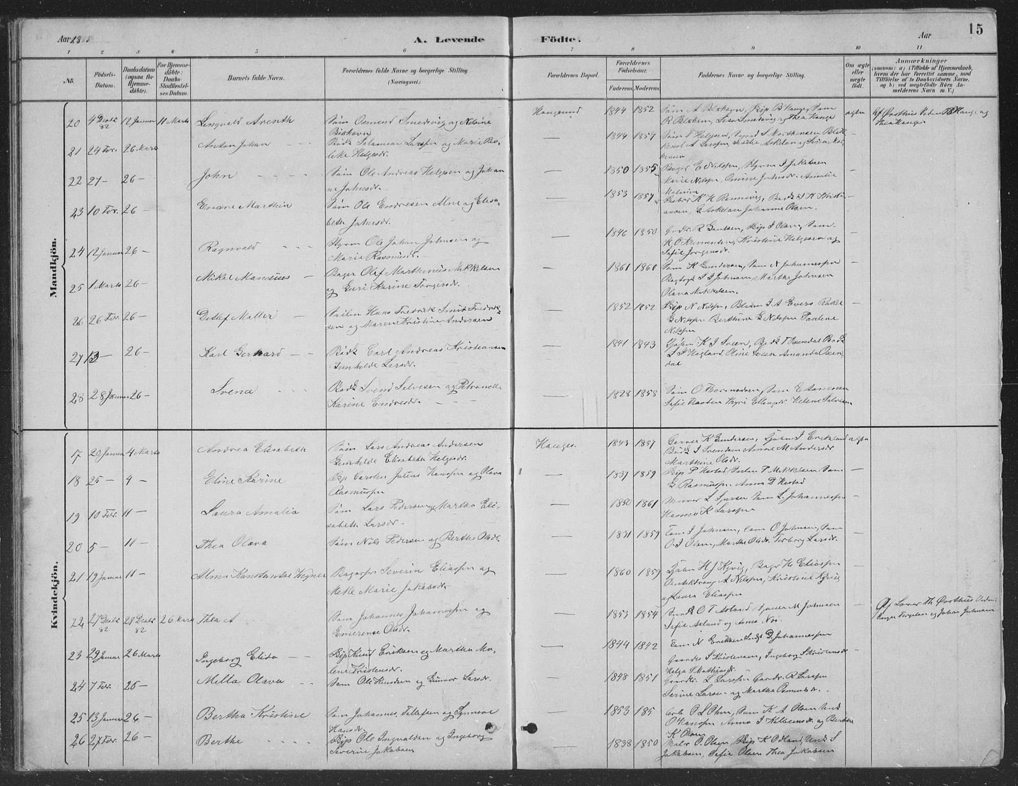 Haugesund sokneprestkontor, SAST/A -101863/H/Ha/Hab/L0002: Parish register (copy) no. B 2, 1881-1894, p. 15