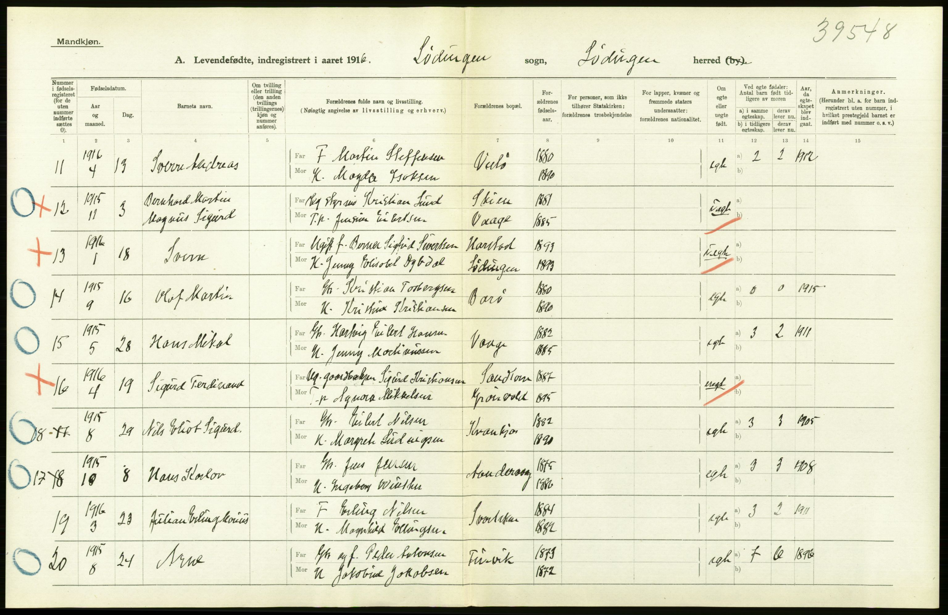 Statistisk sentralbyrå, Sosiodemografiske emner, Befolkning, RA/S-2228/D/Df/Dfb/Dfbf/L0050: Nordlands amt: Levendefødte menn og kvinner. Bygder., 1916, p. 52