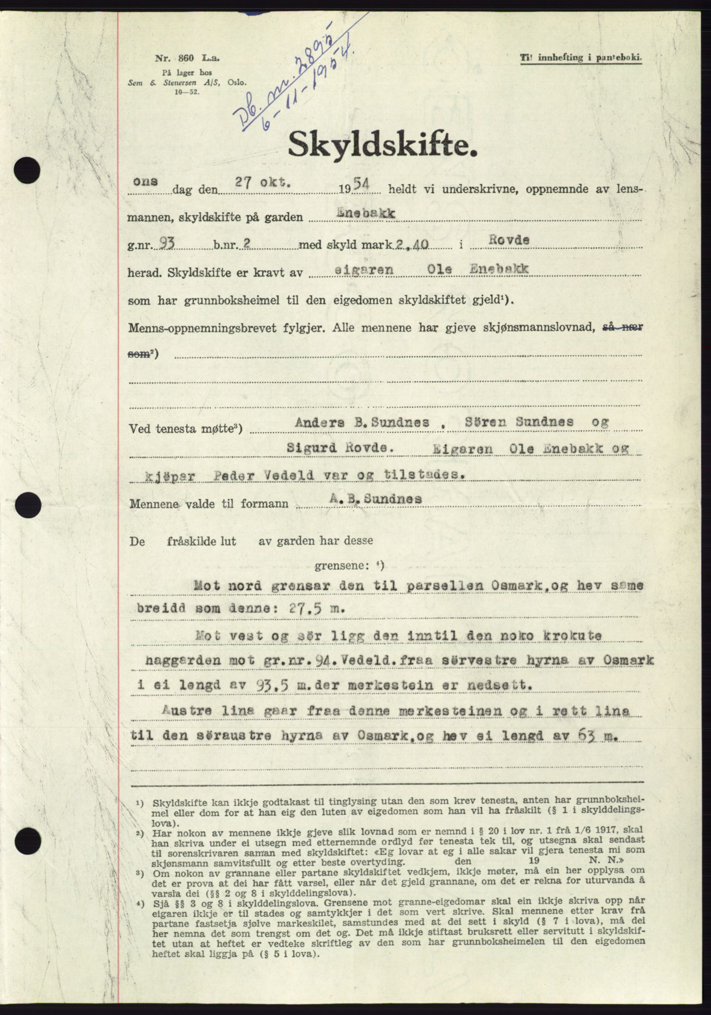 Søre Sunnmøre sorenskriveri, AV/SAT-A-4122/1/2/2C/L0099: Mortgage book no. 25A, 1954-1954, Diary no: : 2895/1954