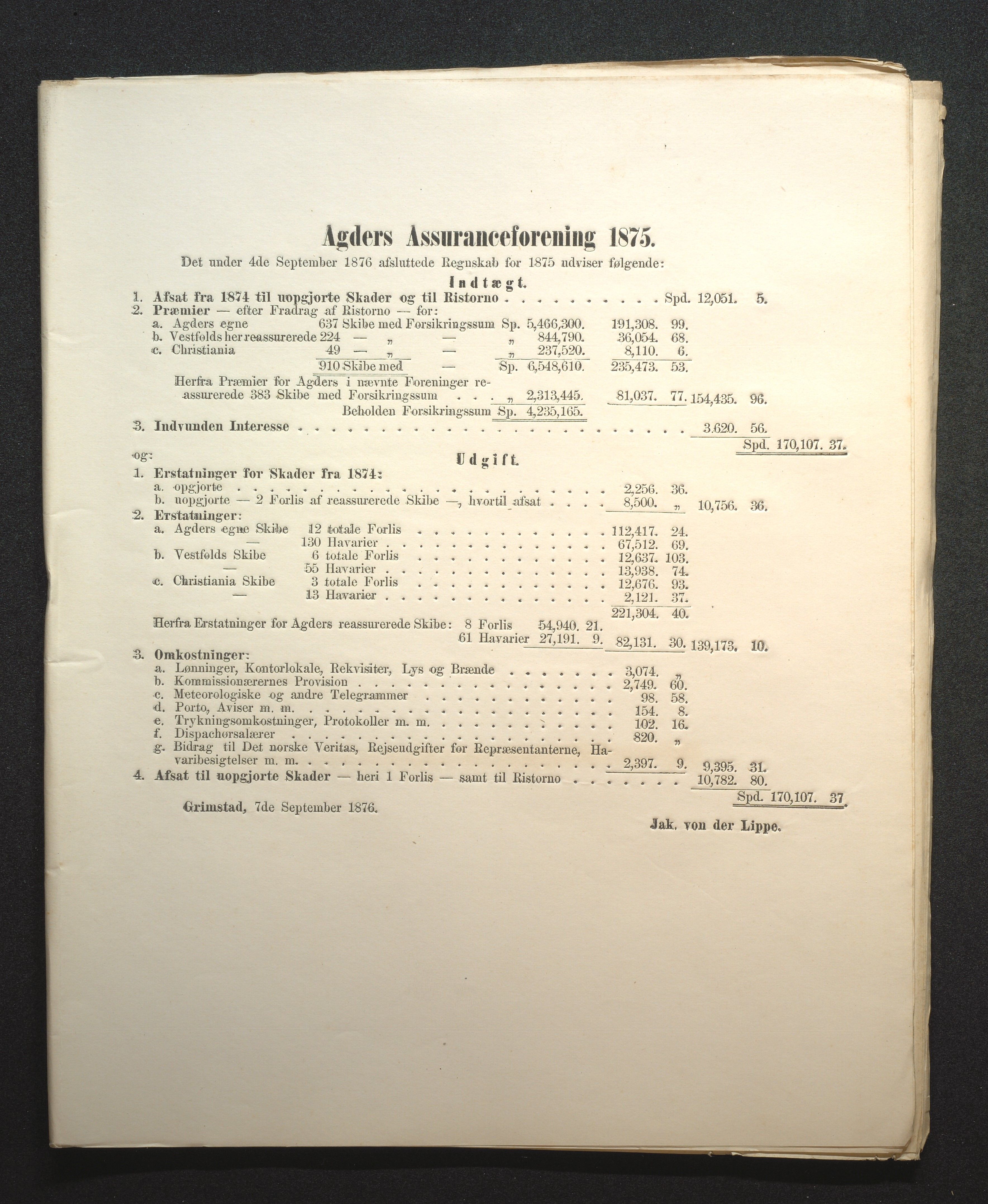 Agders Gjensidige Assuranceforening, AAKS/PA-1718/05/L0001: Regnskap, seilavdeling, pakkesak, 1855-1880