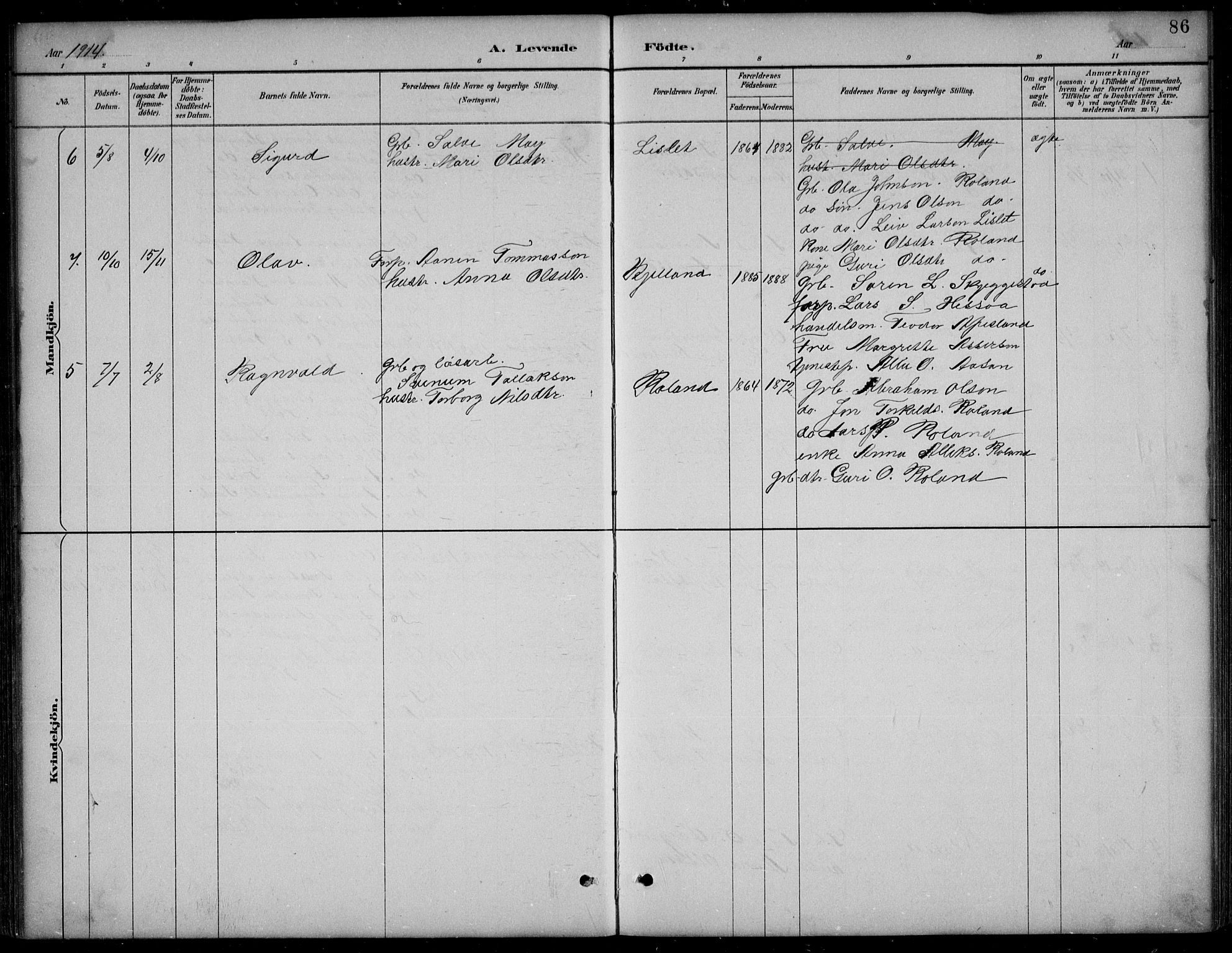 Bjelland sokneprestkontor, AV/SAK-1111-0005/F/Fb/Fba/L0005: Parish register (copy) no. B 5, 1887-1923, p. 86