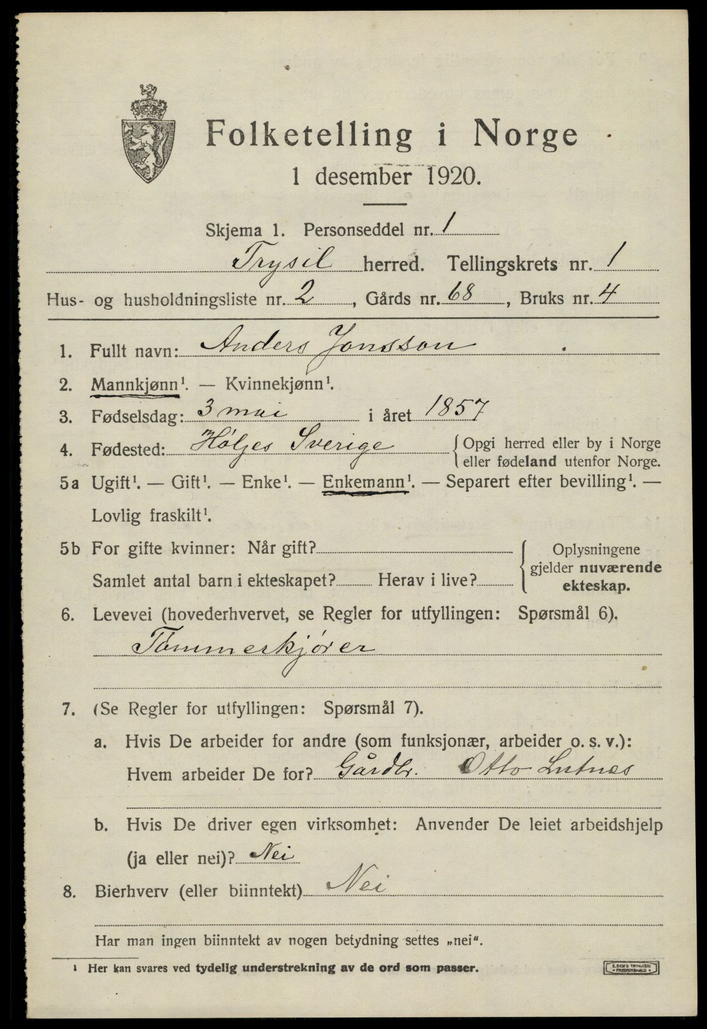 SAH, 1920 census for Trysil, 1920, p. 2553