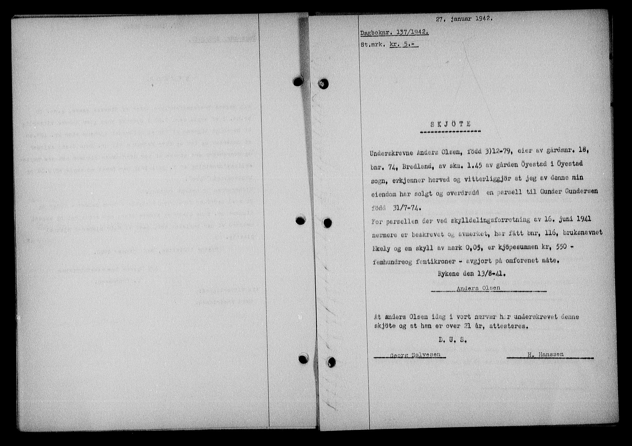 Nedenes sorenskriveri, SAK/1221-0006/G/Gb/Gba/L0049: Mortgage book no. A-III, 1941-1942, Diary no: : 137/1942