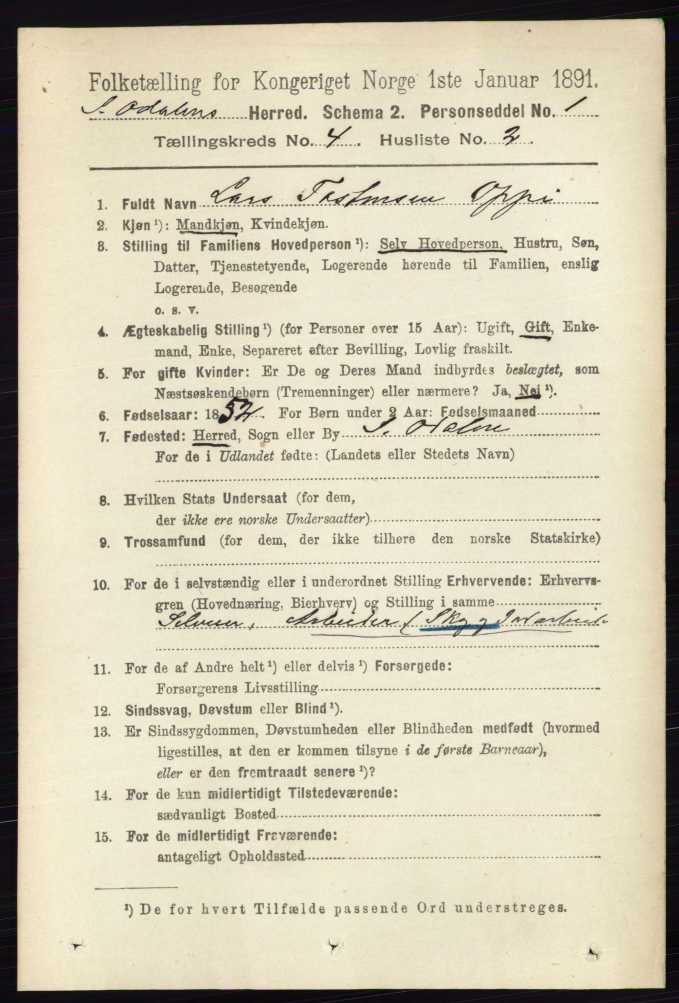 RA, 1891 census for 0419 Sør-Odal, 1891, p. 1746