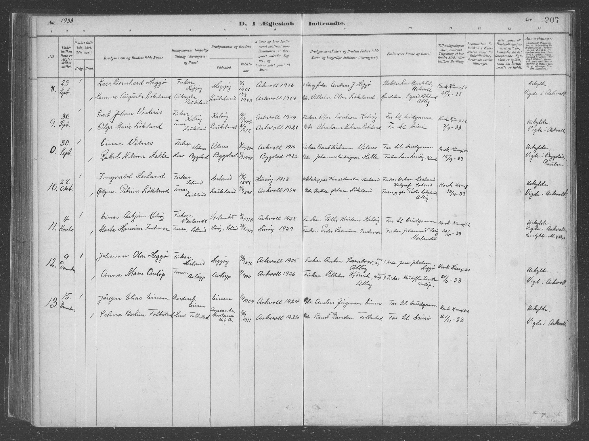 Askvoll sokneprestembete, SAB/A-79501/H/Haa/Haac/L0001: Parish register (official) no. C  1, 1879-1922, p. 207