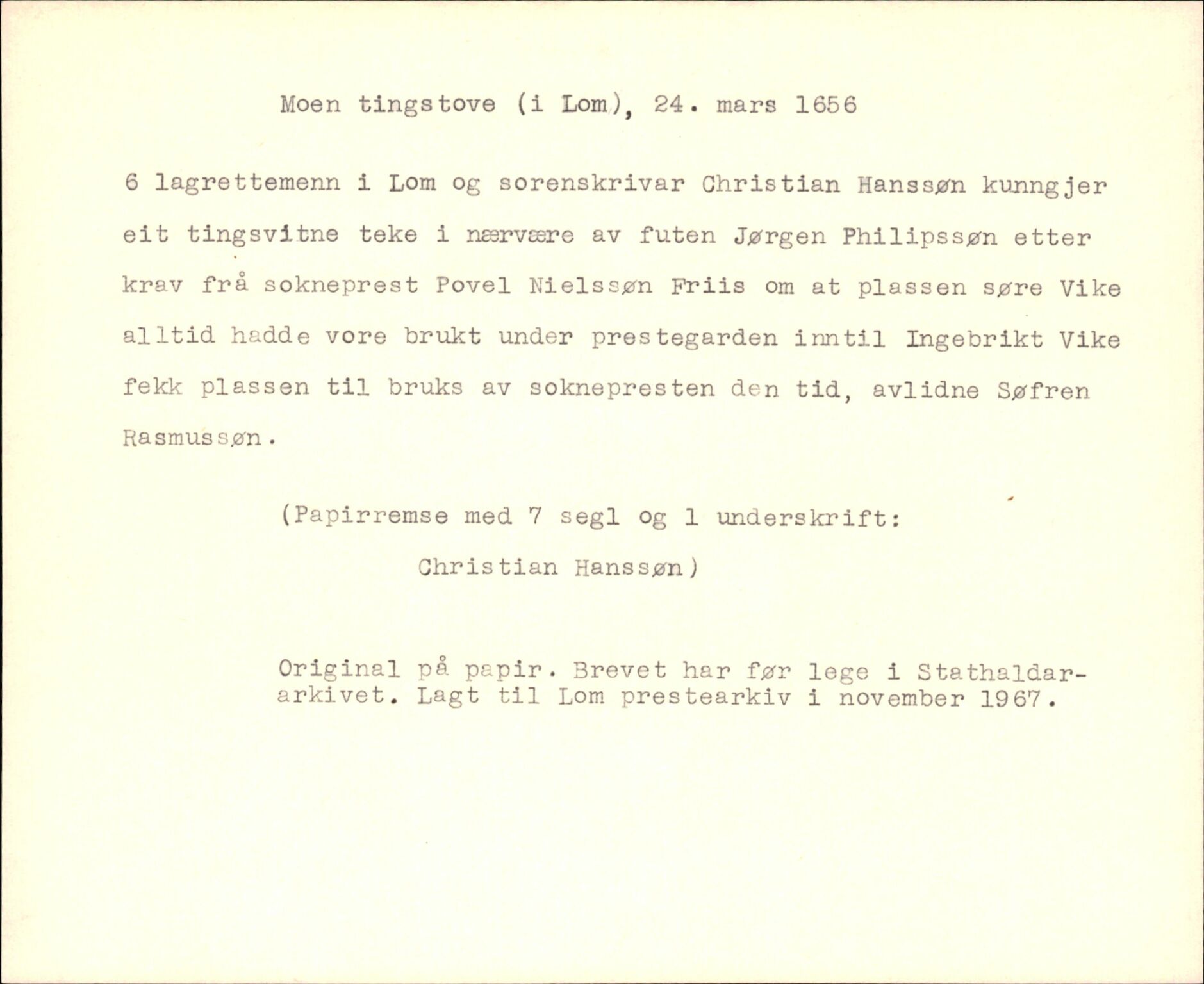 Riksarkivets diplomsamling, AV/RA-EA-5965/F35/F35k/L0002: Regestsedler: Prestearkiver fra Hedmark, Oppland, Buskerud og Vestfold, p. 143