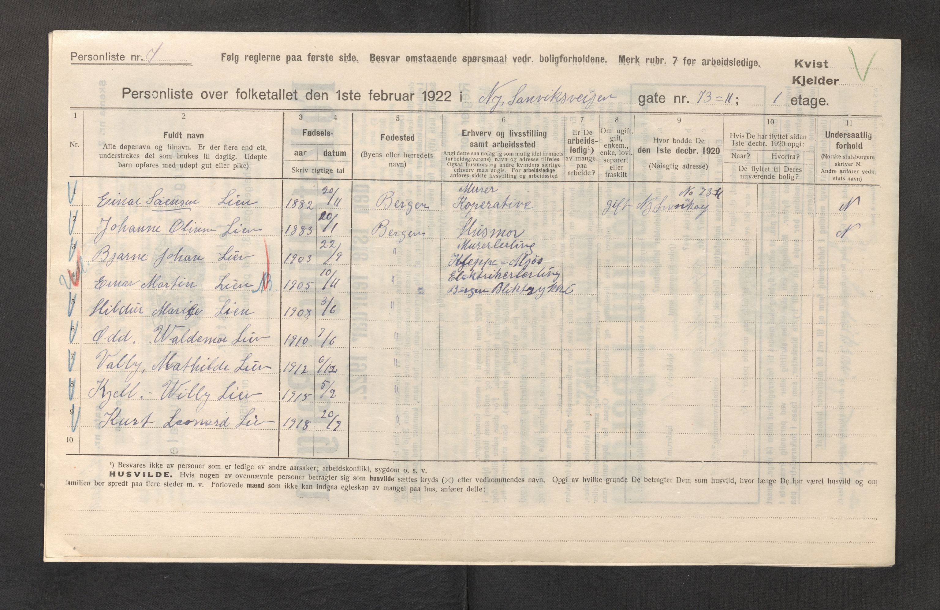 SAB, Municipal Census 1922 for Bergen, 1922, p. 35324