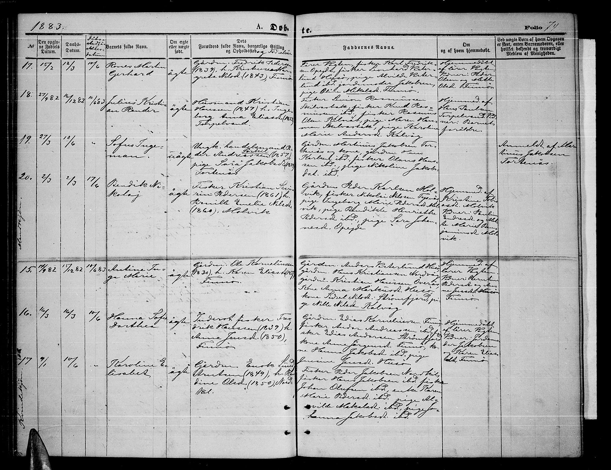 Ministerialprotokoller, klokkerbøker og fødselsregistre - Nordland, AV/SAT-A-1459/859/L0858: Parish register (copy) no. 859C04, 1873-1886, p. 74