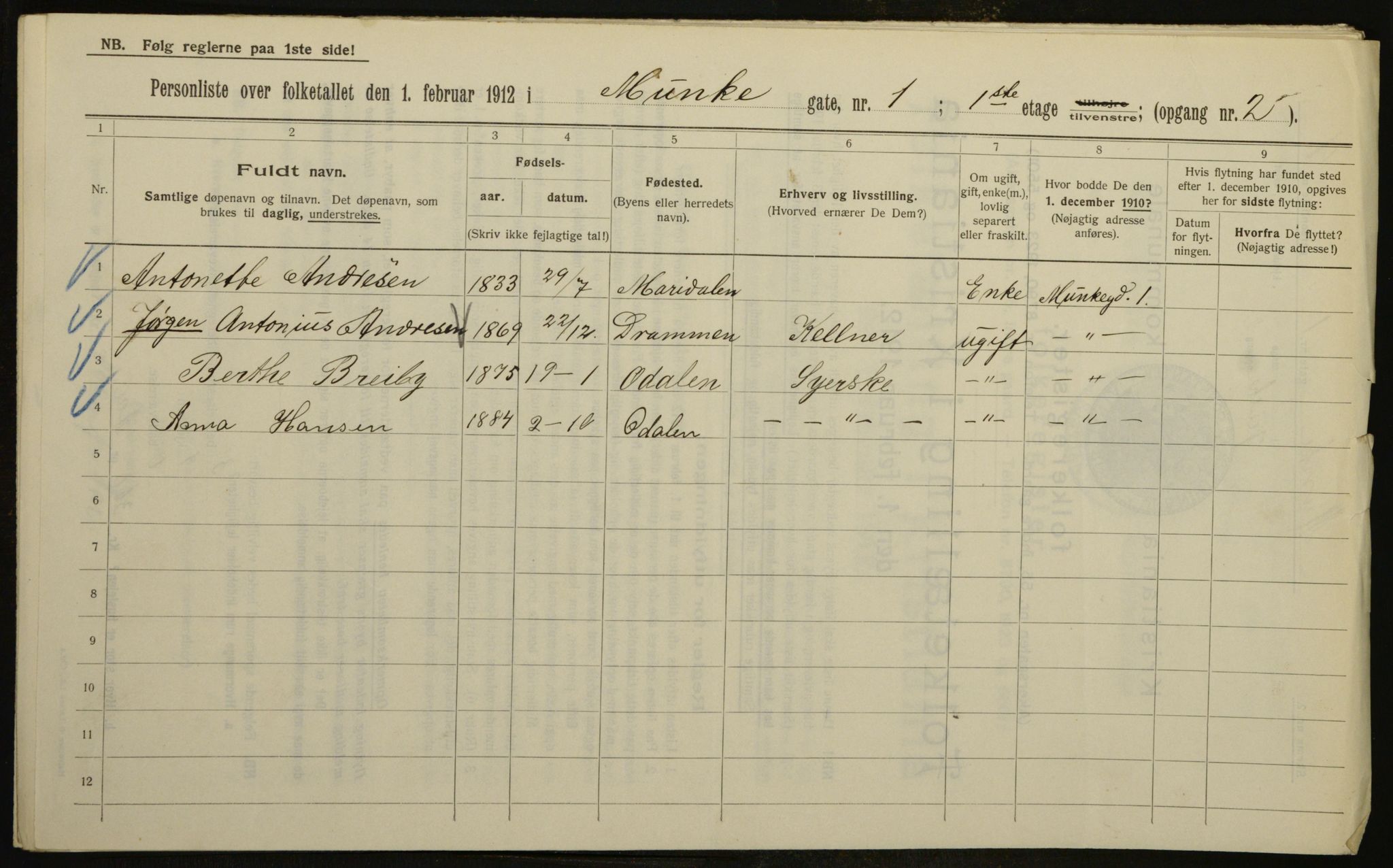 OBA, Municipal Census 1912 for Kristiania, 1912, p. 68457